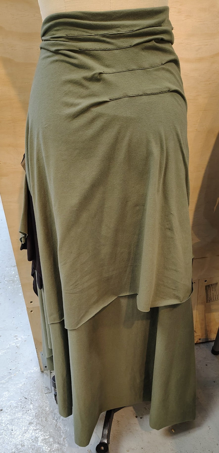 Mardi Gras size 8-10 medium $155 light olive skirt cotton lycra, skirt ready for movement. Designed and made by Cheryl Johnston