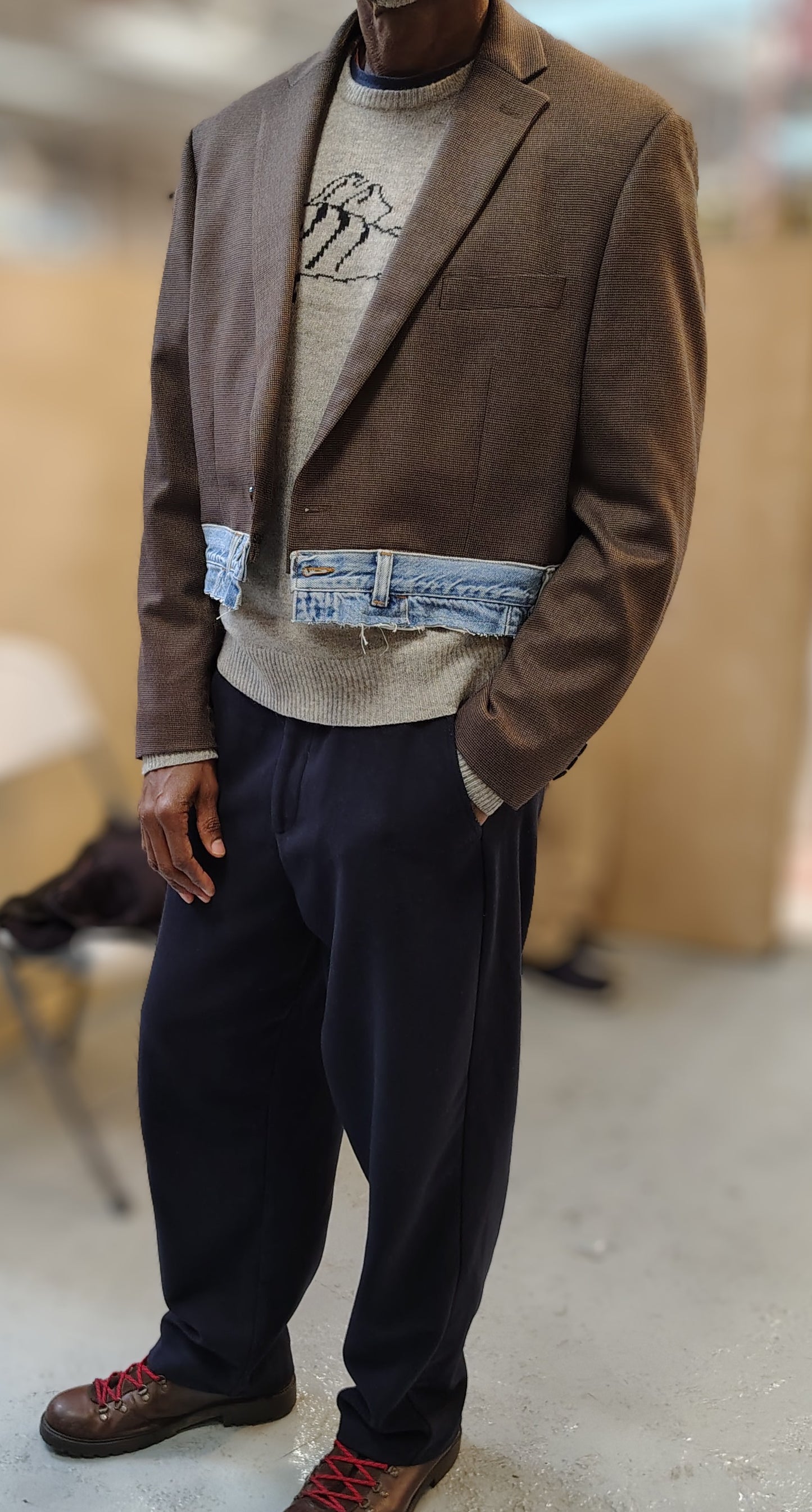 Brown wool cropped jacket with denim waist band. Unisex blazer in 100% cotton fabric . jacket size large, upcycle,repurposed, one of a kind. by Wendel Johnston
