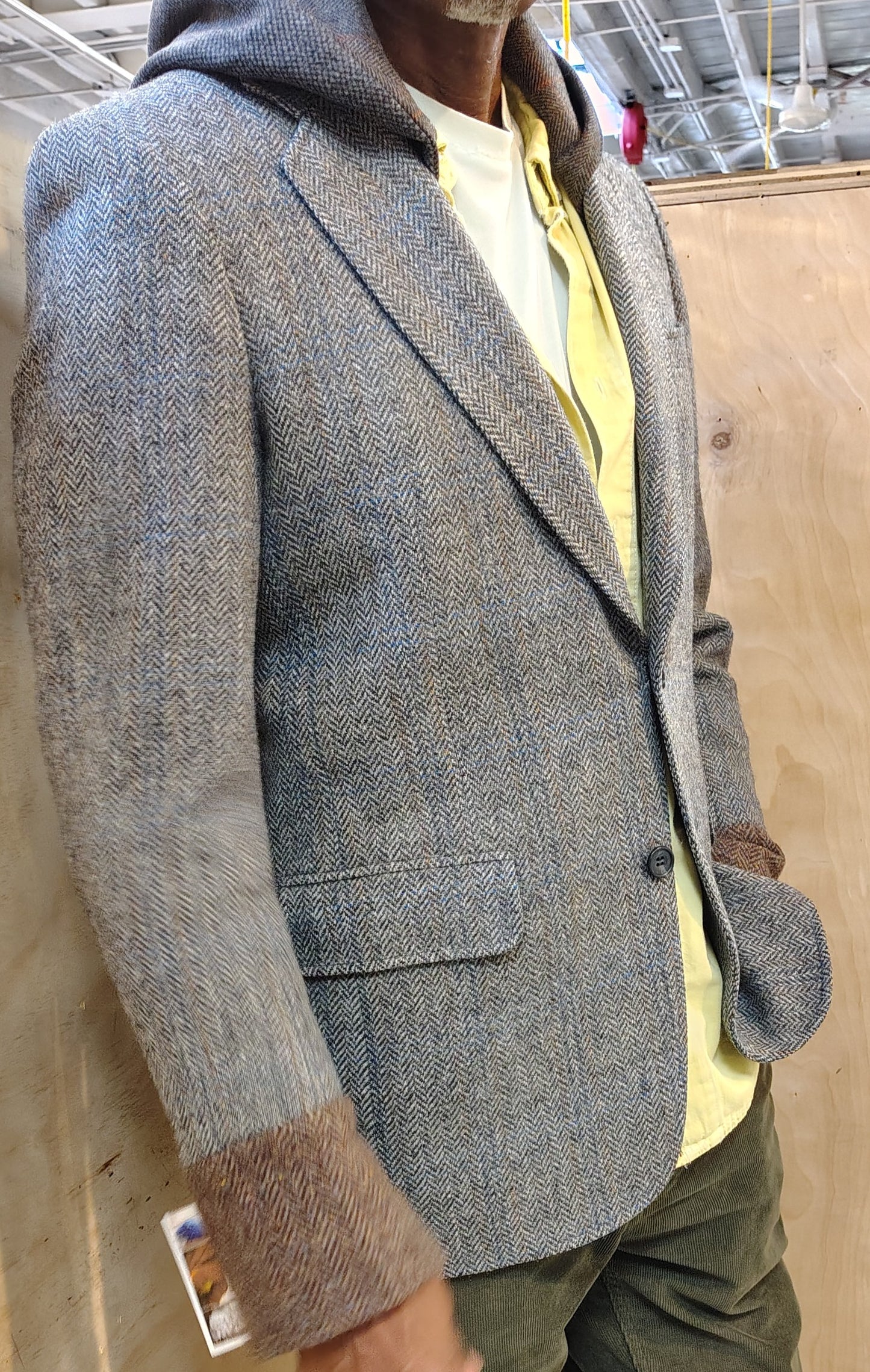 Gray wool tweed blazer with hood, Size 38 reworked jacket, wool hoodie and cuff, upcycled, repurposed, one of a kind. Designed by Wendel Johnston
