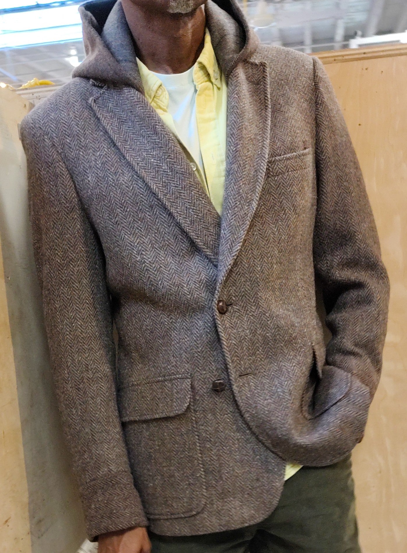 Medium brown hooded wool tweed blazer, Size 42 reworked jacket, wool hoodie with leather buttons, upcycled, repurposed, one of a kind. Designed by Wendel Johnston