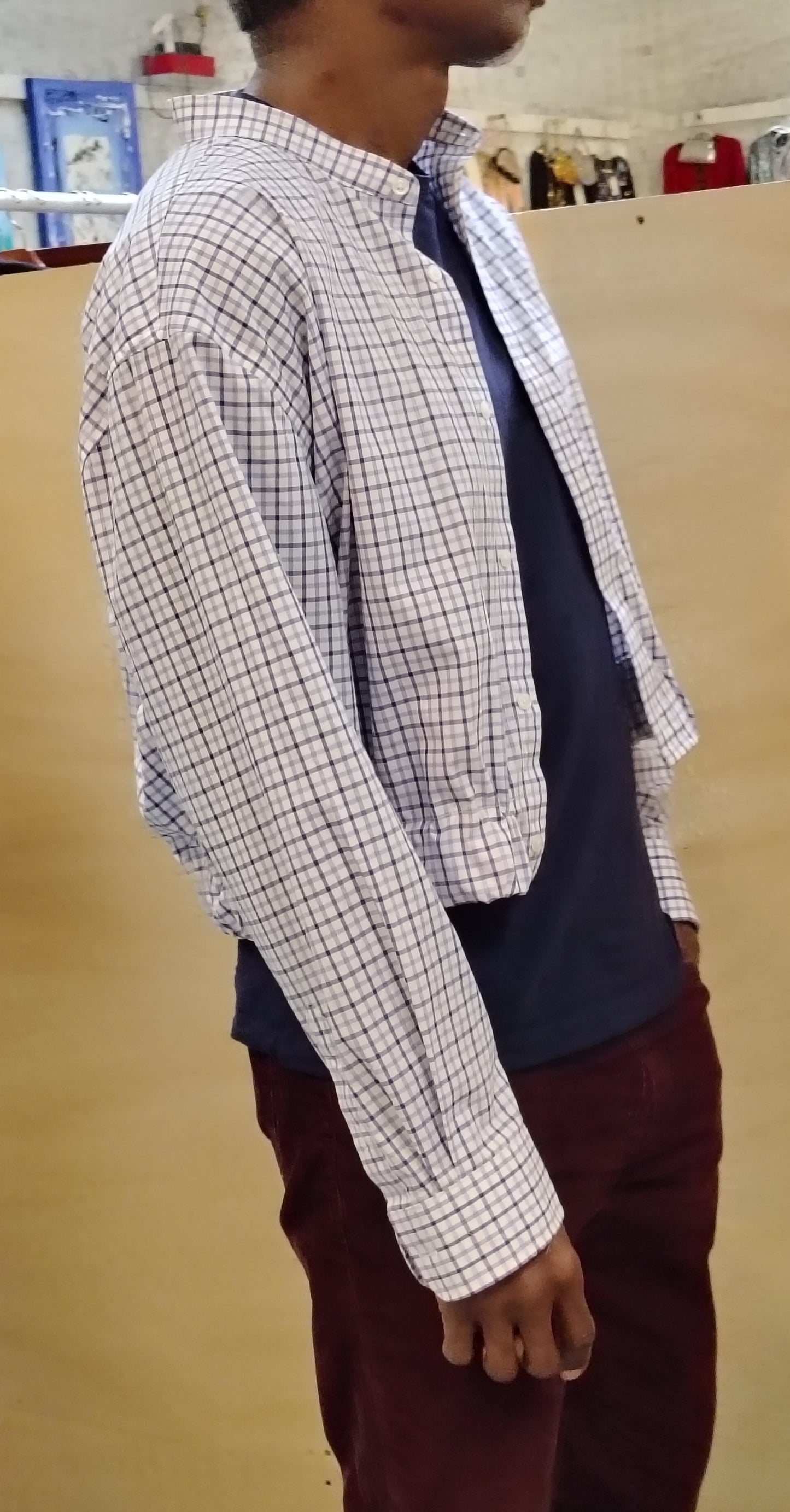 Checks #1 - Upcycled cropped button down shirt Unisex. Cotton fabric with 2 inch elastic insert waistband.