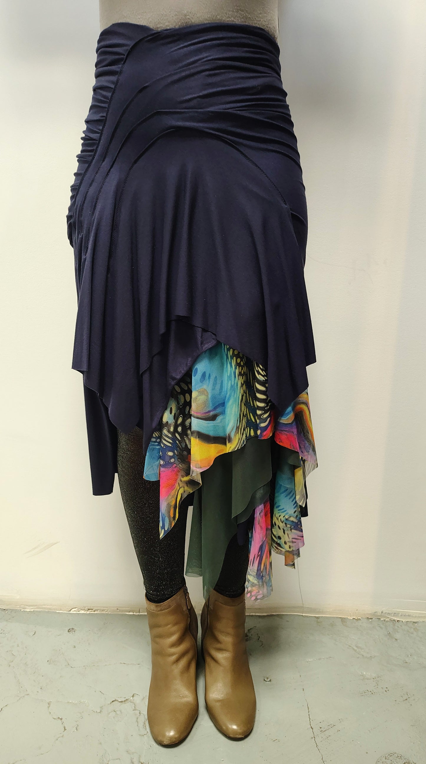 Peacock size 8-10 medium, $155 skirt rayon jersey, skirt ready for movement. Designed and made by Cheryl Johnston