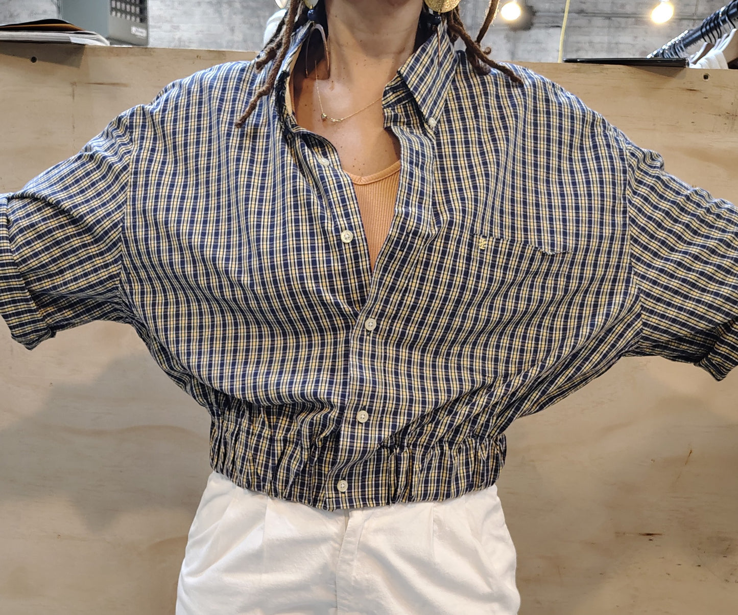 Blue / beige checks Upcycled cropped button down shirt Unisex. Cotton fabric with 2 inch elastic insert waistband.