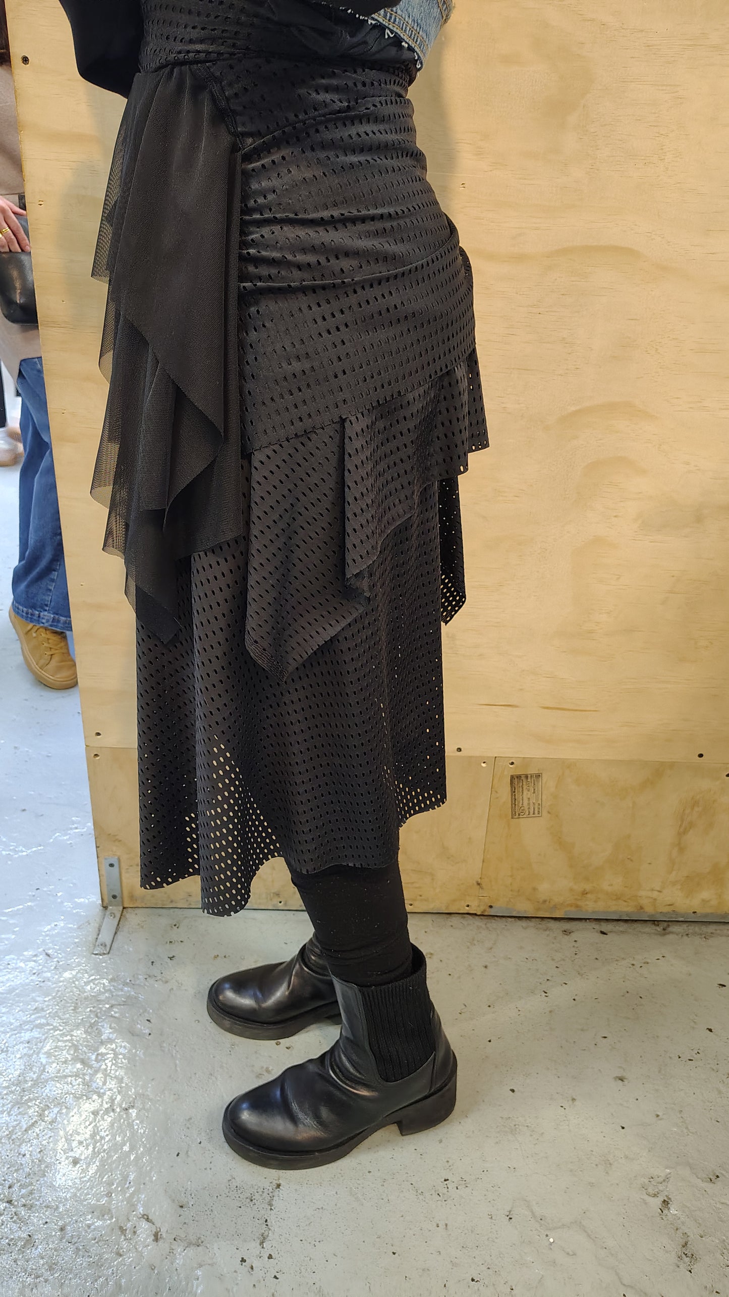 Agility size 8, $155 Black Athletic stretch fabric skirt ready for movement. Has ruching, stitch details and flowy mesh. Designed and made by Cheryl Johnston