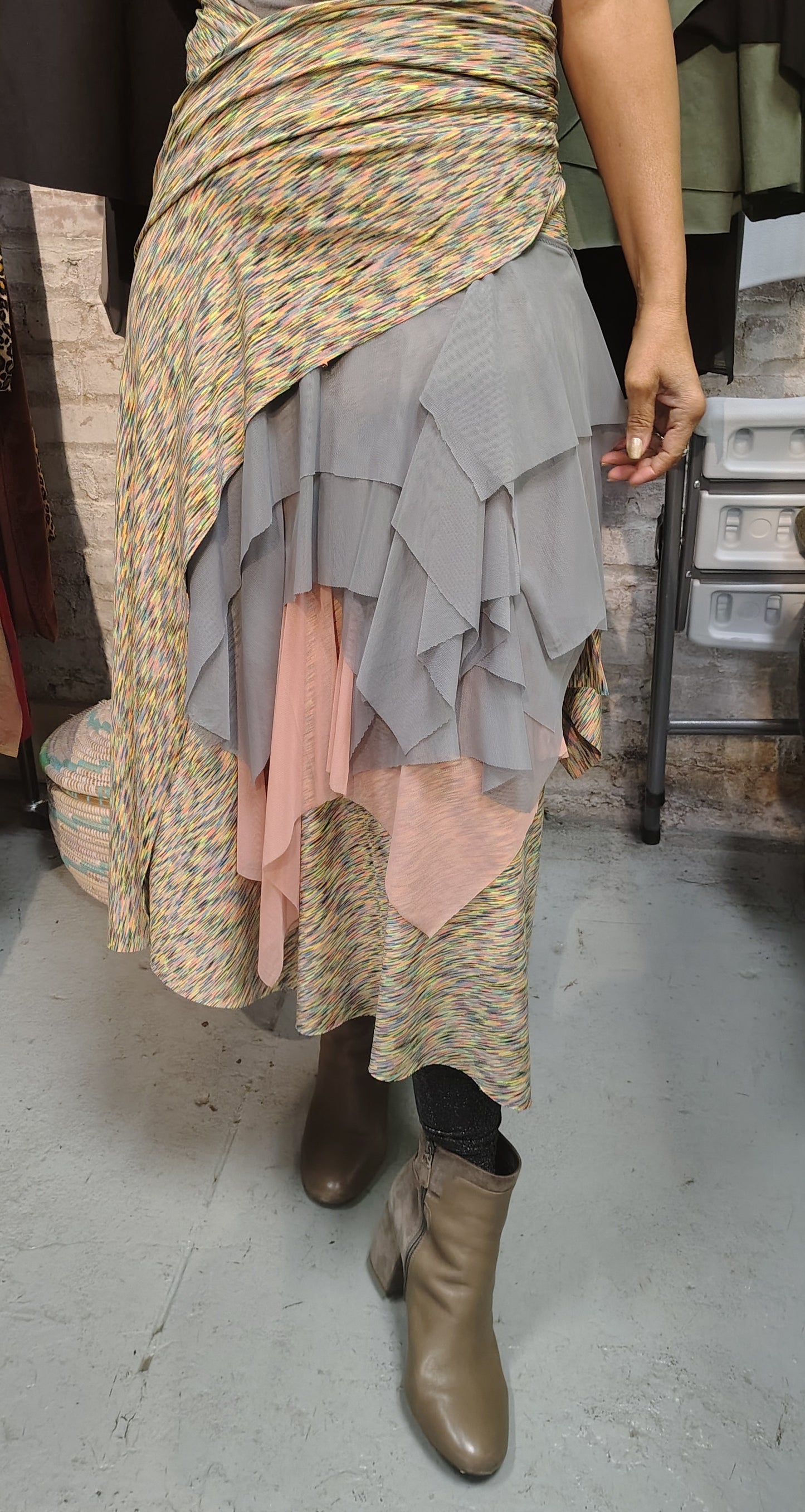 Light rainbow size 8-10 medium, $155 skirt supplex, skirt ready for movement. Designed and made by Cheryl Johnston