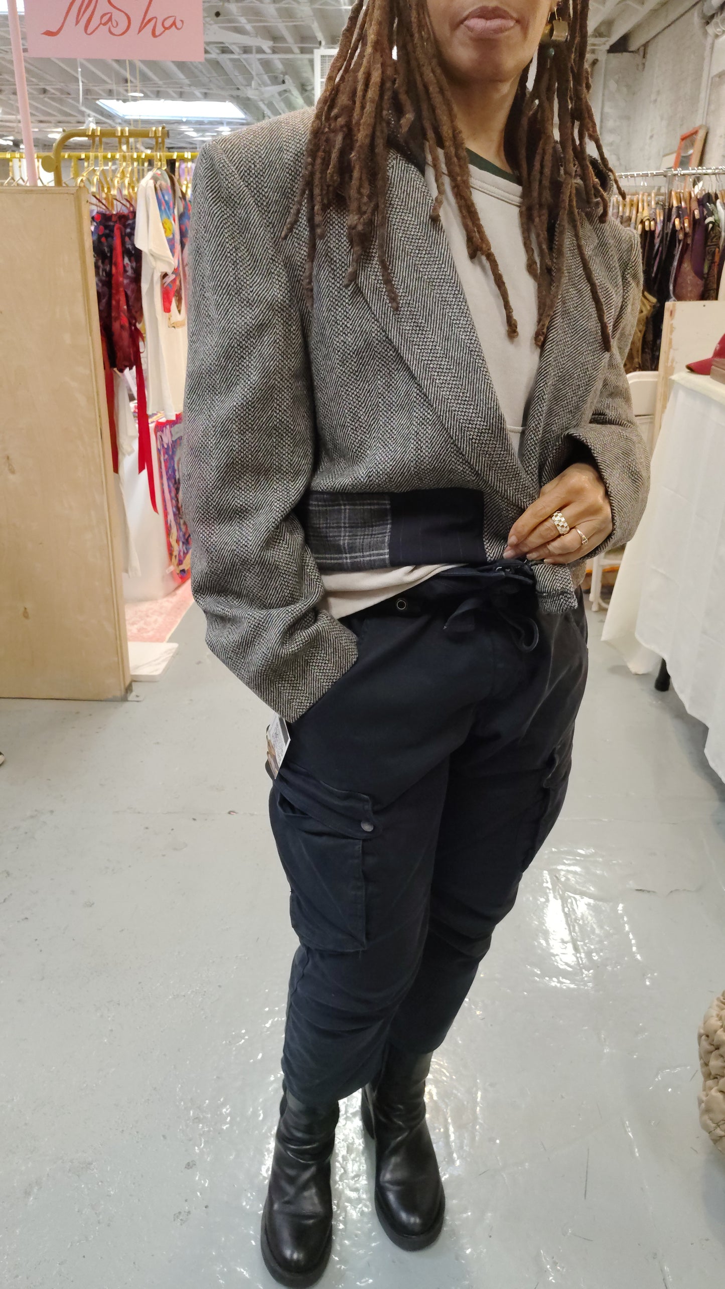 Hooded gray wool cropped tweed jacket with wool appliques. Blazer in wool fabric . jacket size 44, upcycle,repurposed, one of a kind. by Wendel Johnston