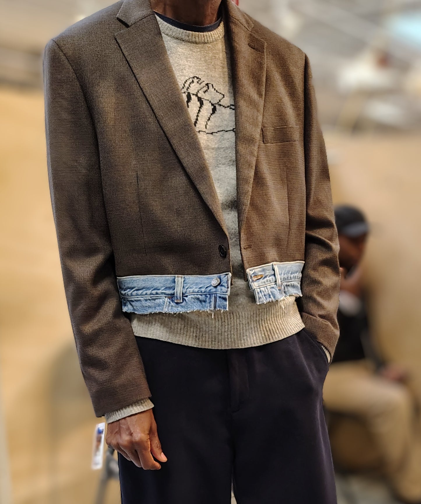 Brown wool cropped jacket with denim waist band. Unisex blazer in 100% cotton fabric . jacket size large, upcycle,repurposed, one of a kind. by Wendel Johnston