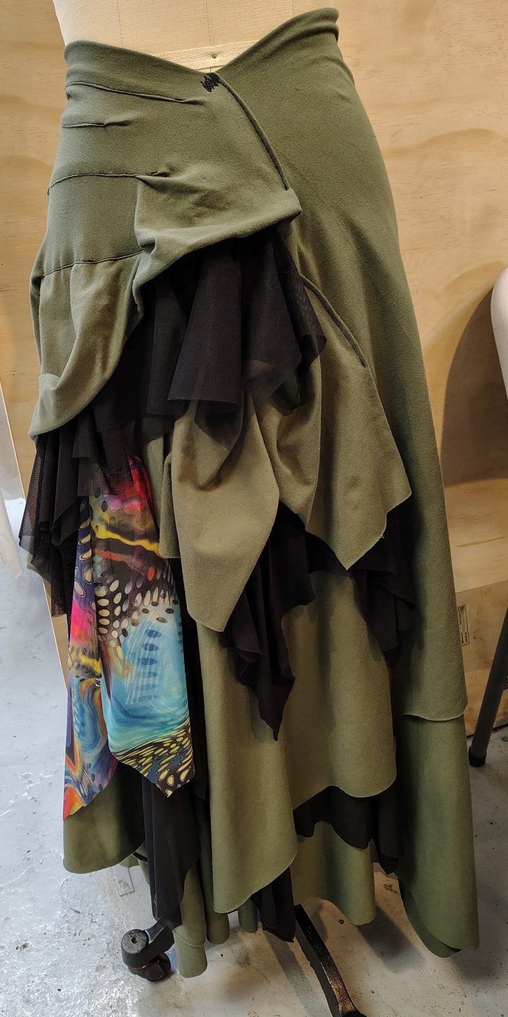 Mardi Gras size 8-10 medium $155 light olive skirt cotton lycra, skirt ready for movement. Designed and made by Cheryl Johnston