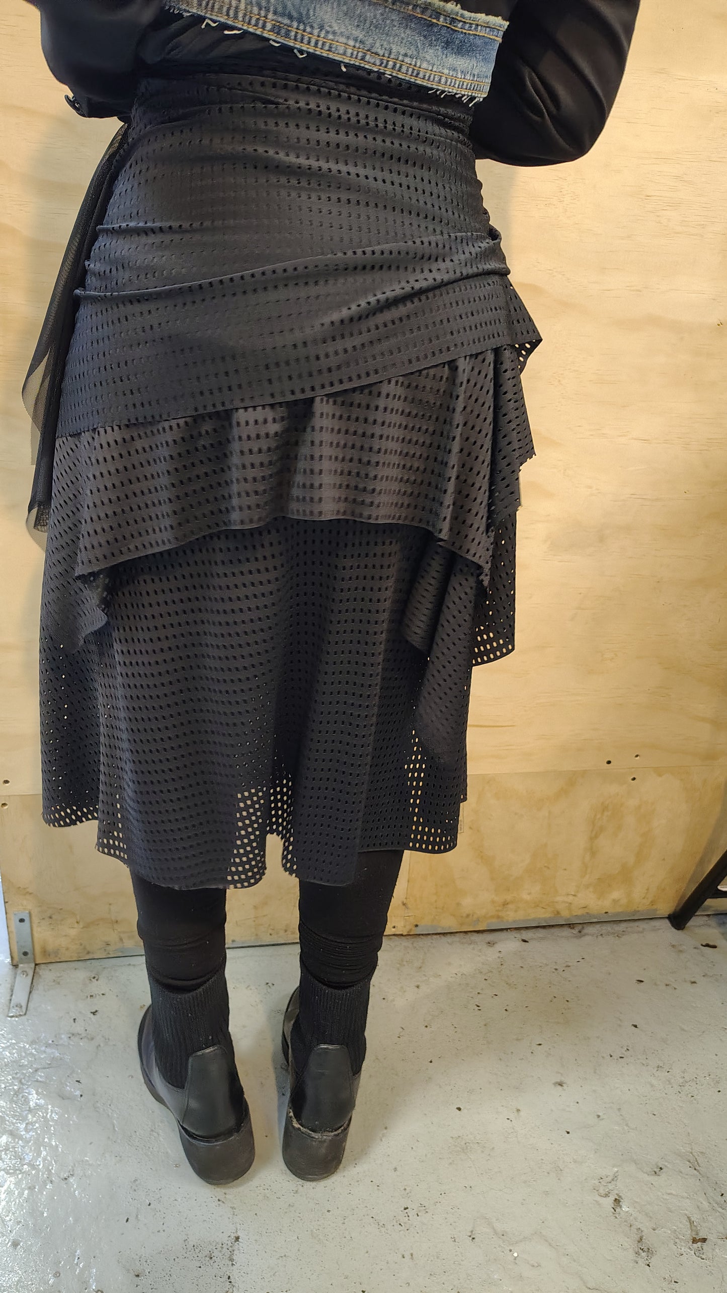 Agility size 8, $155 Black Athletic stretch fabric skirt ready for movement. Has ruching, stitch details and flowy mesh. Designed and made by Cheryl Johnston