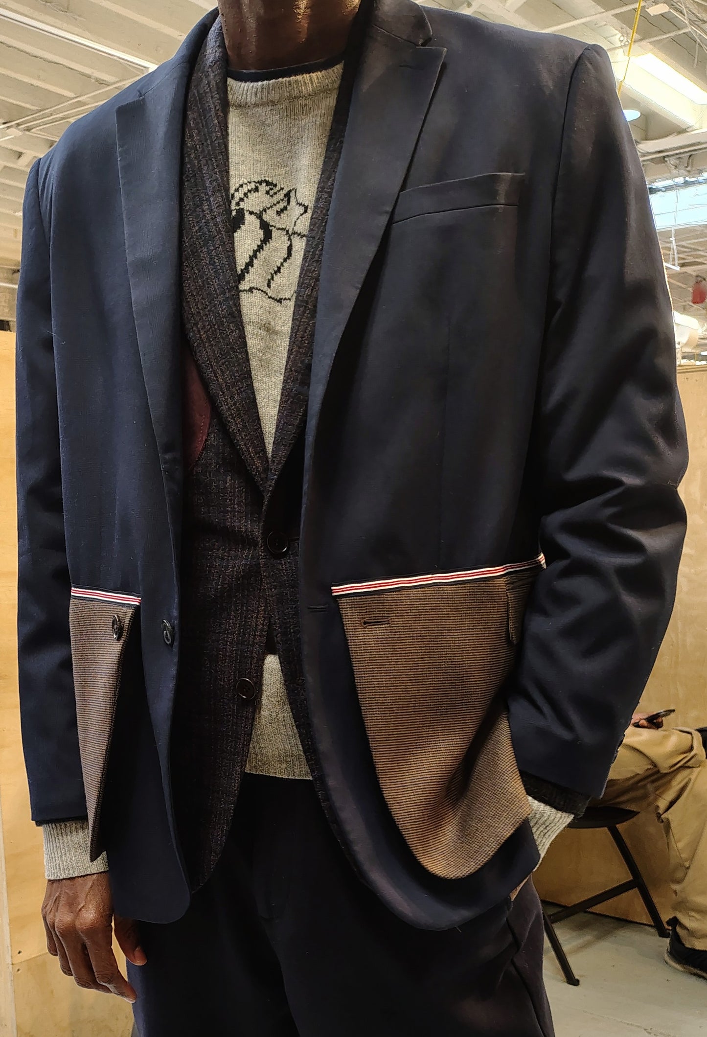 Navy blue and brown light wool blazer with trim. jacket size 44, up cycled,repurposed, one of a kind. by Wendel Johnston