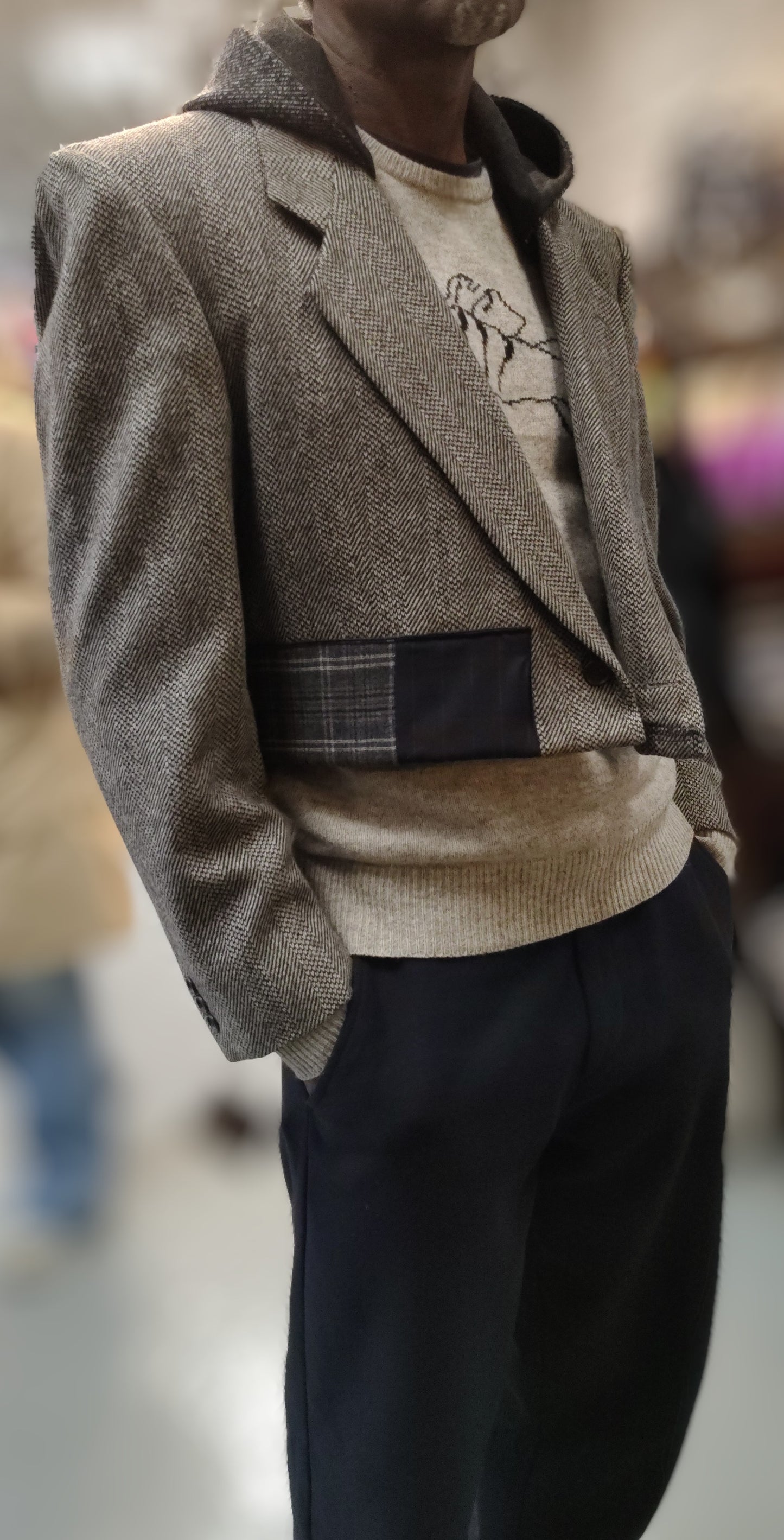 Hooded gray wool cropped tweed jacket with wool appliques. Blazer in wool fabric . jacket size 44, upcycle,repurposed, one of a kind. by Wendel Johnston