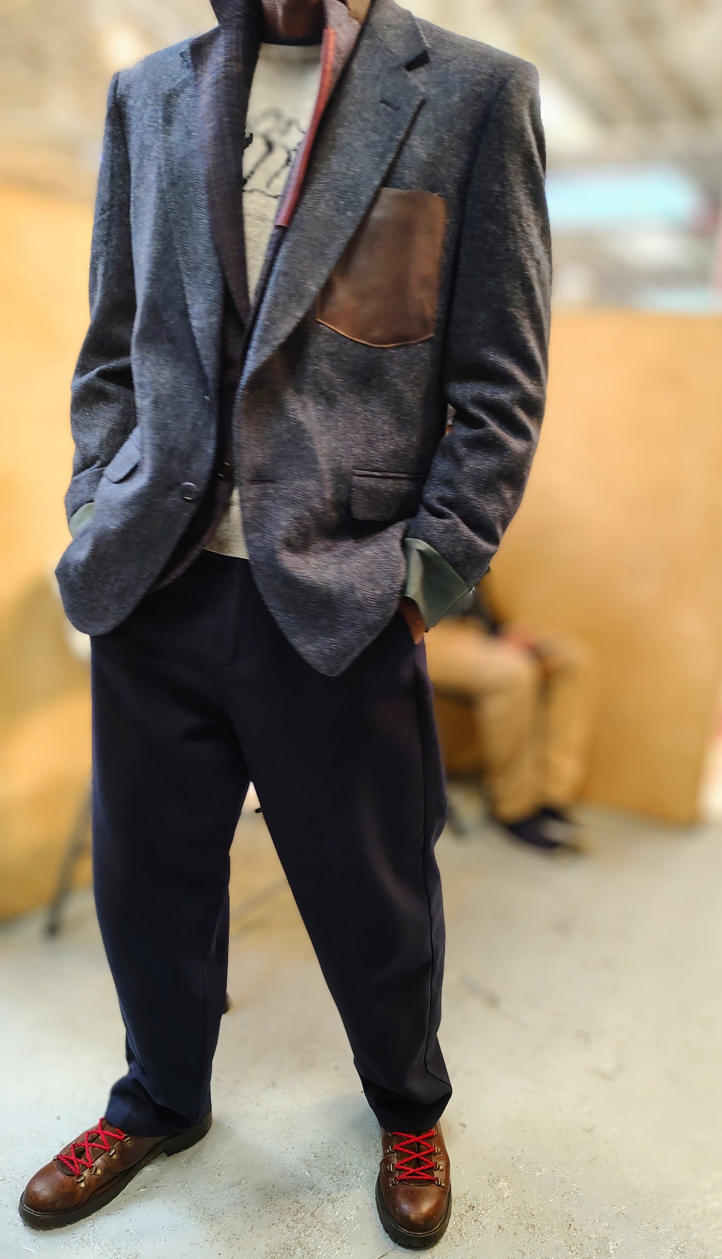 Blueish gray tweed blazer with leather cuff in wool. jacket size 43, up cycled,repurposed, one of a kind. by Wendel Johnston