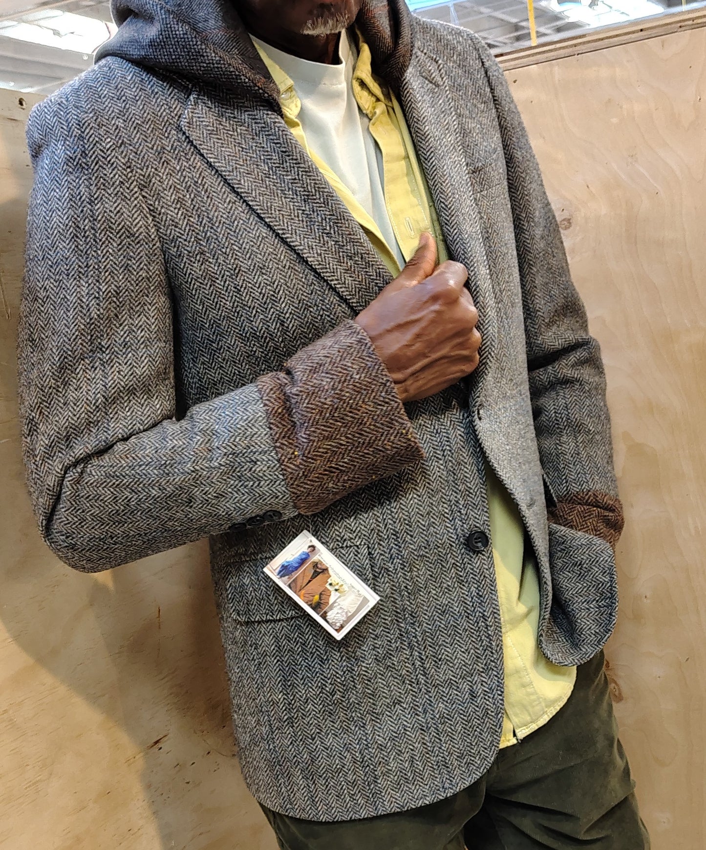 Gray wool tweed blazer with hood, Size 38 reworked jacket, wool hoodie and cuff, upcycled, repurposed, one of a kind. Designed by Wendel Johnston