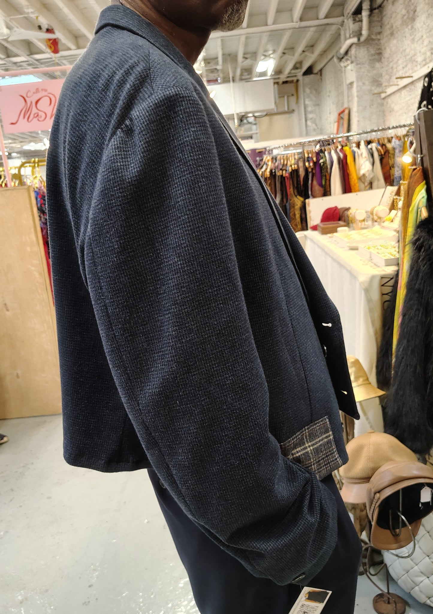 Pale navy blue cropped wool jacket with wool appliques. wool and poly fabric . jacket size 45, upcycle,repurposed, one of a kind. by Wendel Johnston