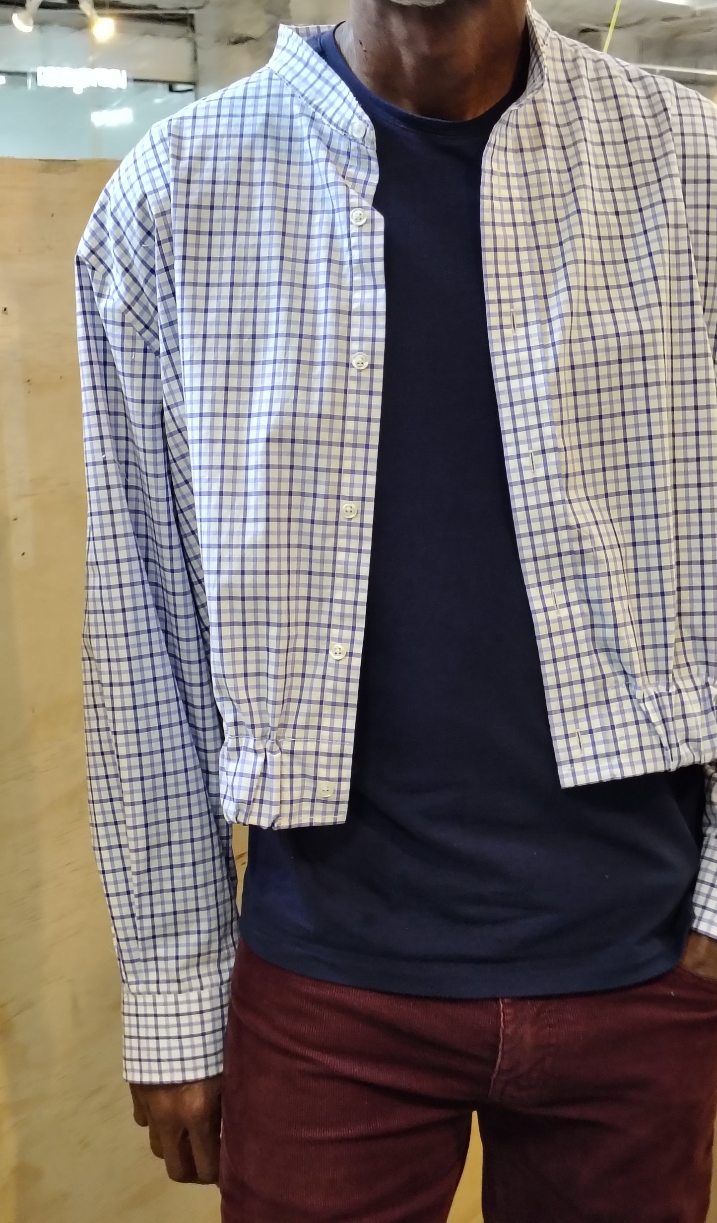 Checks #1 - Upcycled cropped button down shirt Unisex. Cotton fabric with 2 inch elastic insert waistband.