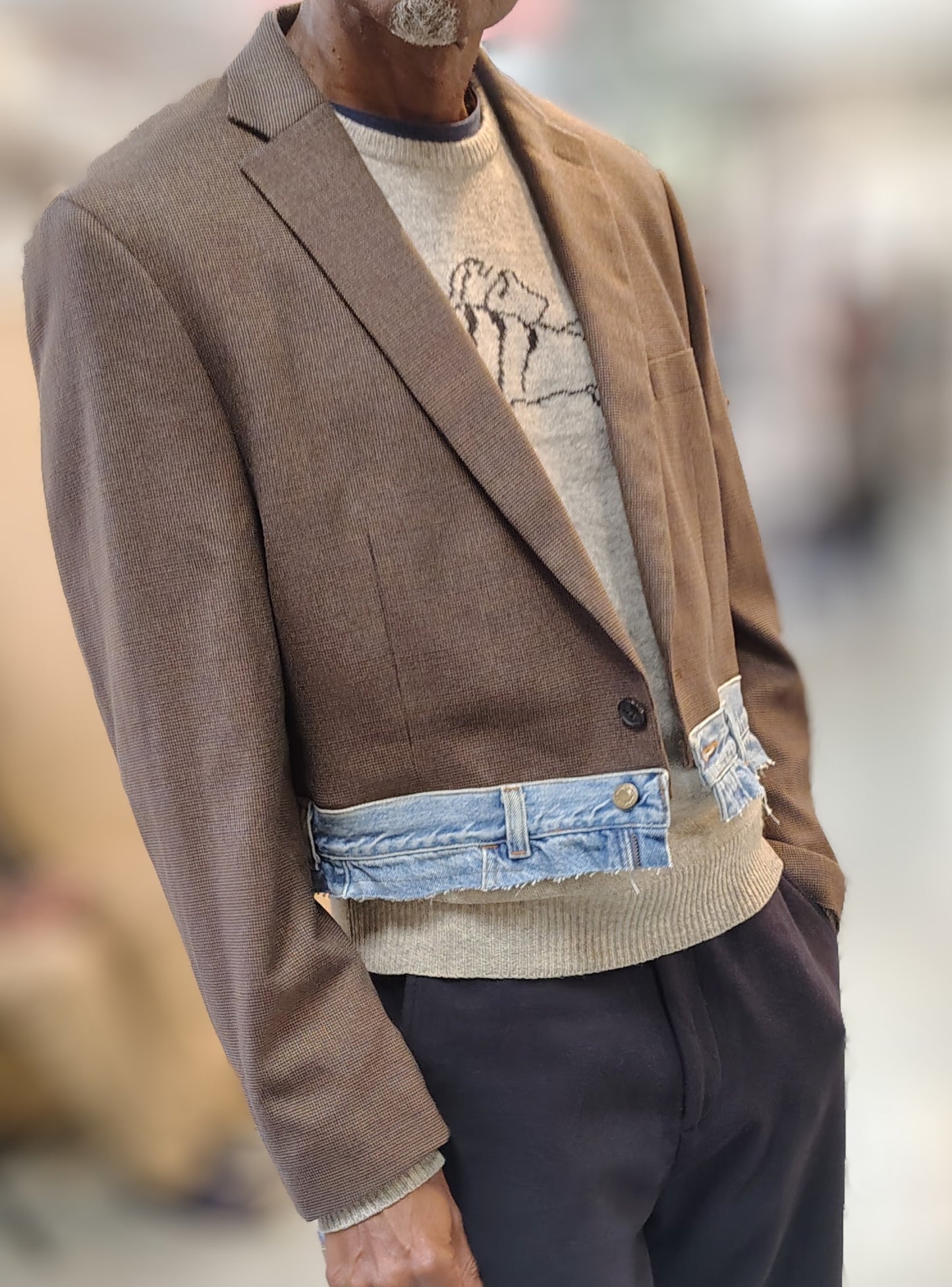 Brown wool cropped jacket with denim waist band. Unisex blazer in 100% cotton fabric . jacket size large, upcycle,repurposed, one of a kind. by Wendel Johnston