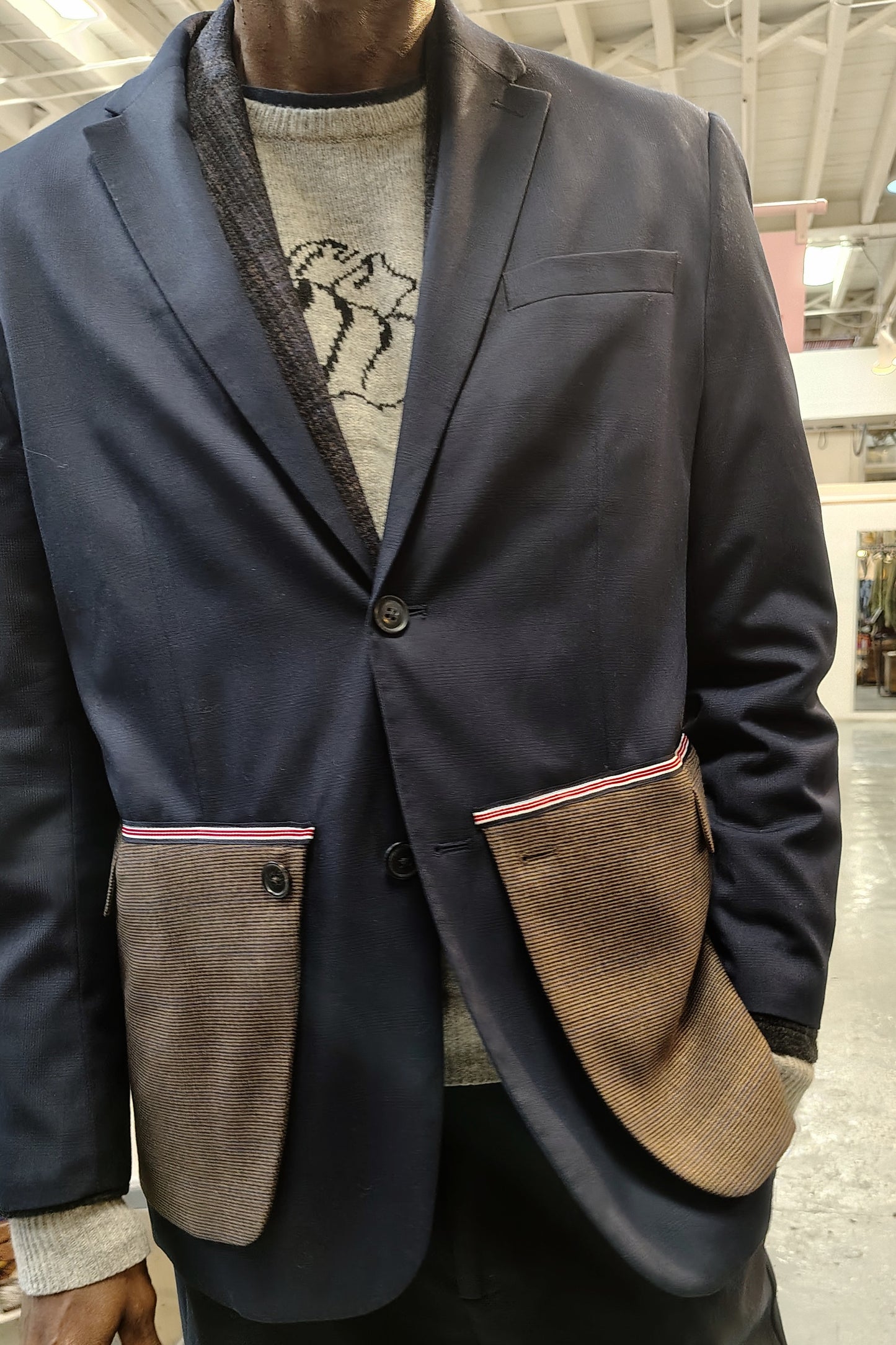 Navy blue and brown light wool blazer with trim. jacket size 44, up cycled,repurposed, one of a kind. by Wendel Johnston