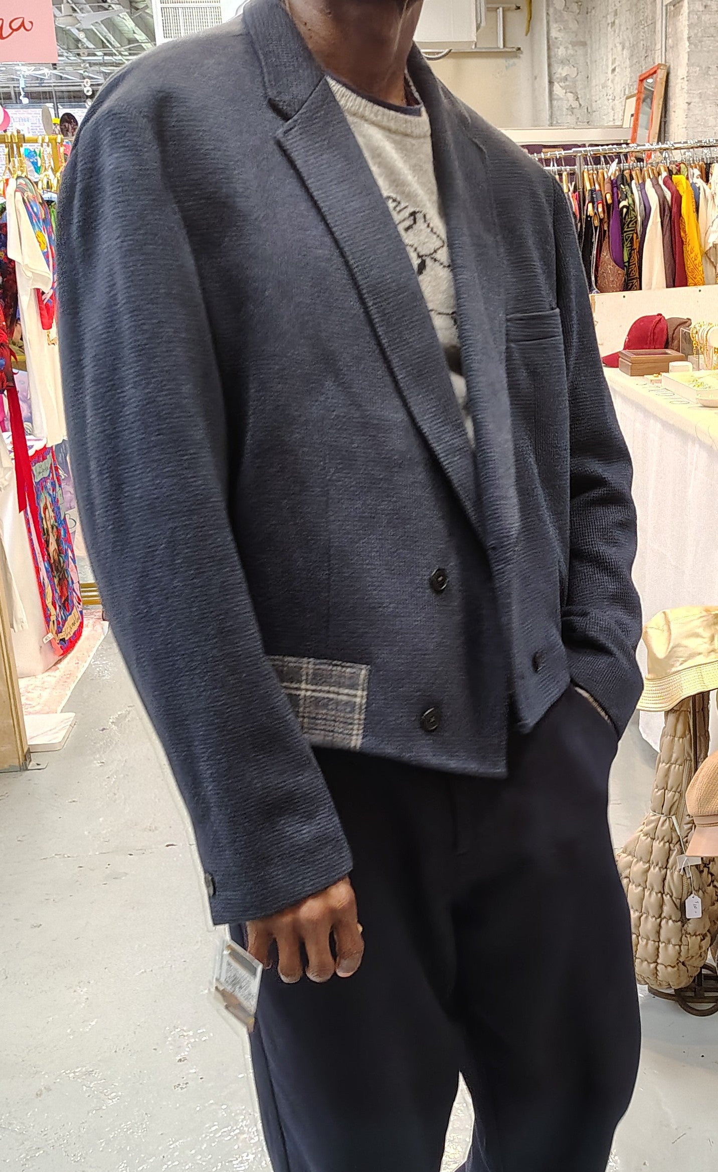 Pale navy blue cropped wool jacket with wool appliques. wool and poly fabric . jacket size 45, upcycle,repurposed, one of a kind. by Wendel Johnston