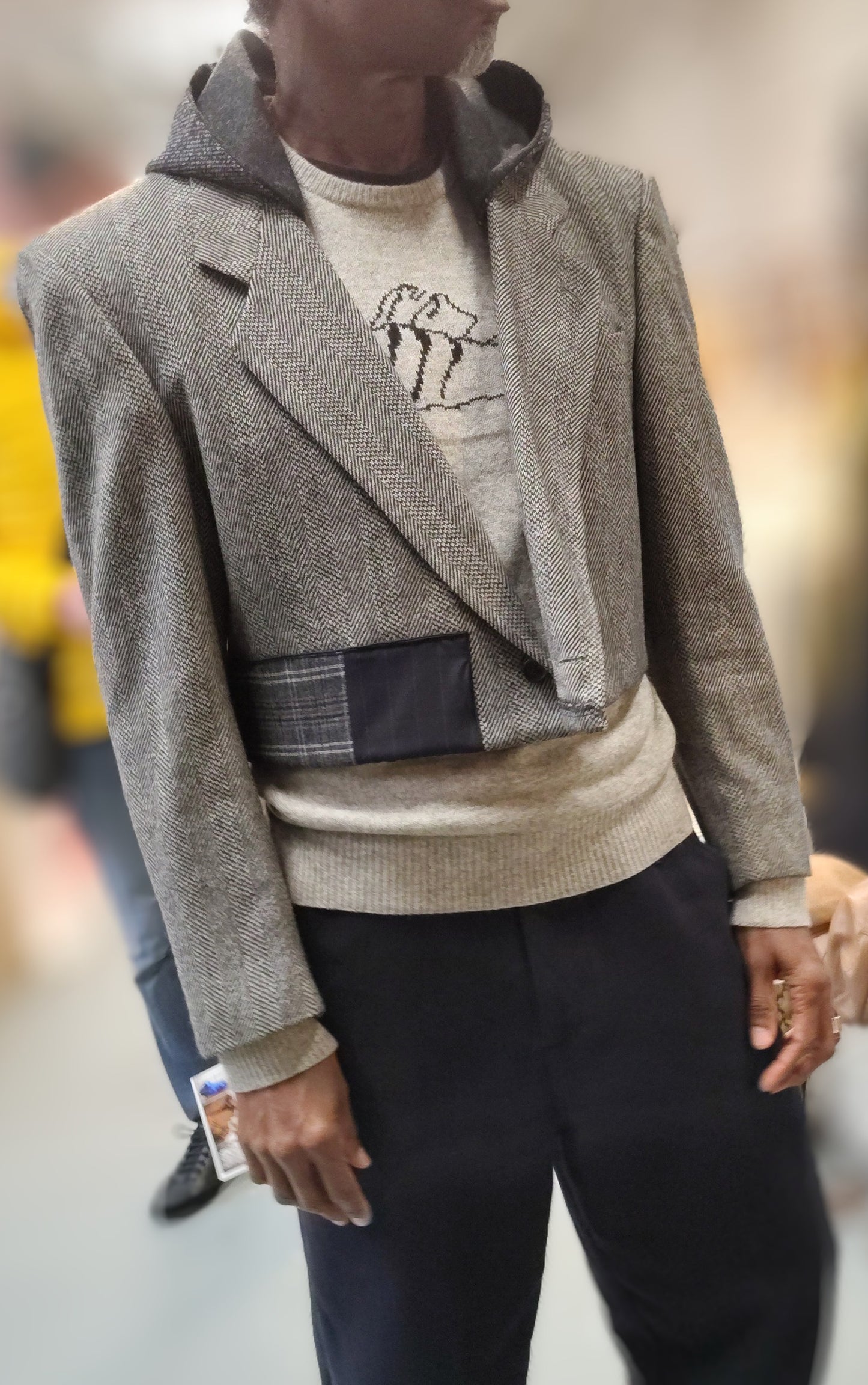 Hooded gray wool cropped tweed jacket with wool appliques. Blazer in wool fabric . jacket size 44, upcycle,repurposed, one of a kind. by Wendel Johnston