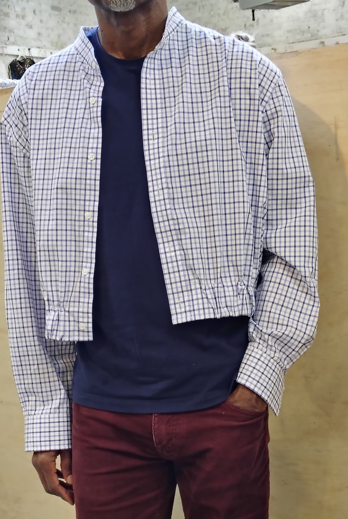 Checks #1 - Upcycled cropped button down shirt Unisex. Cotton fabric with 2 inch elastic insert waistband.