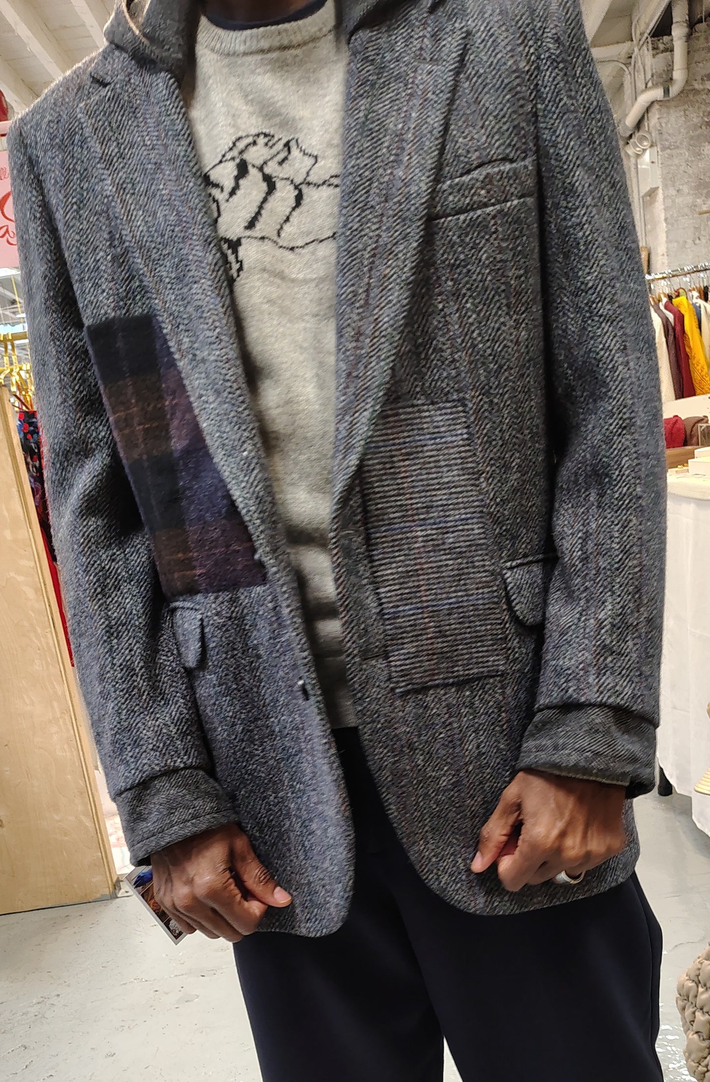 Gray hooded wool tweed jacket with plaid wool appliques. Blazer in 100% wool fabric . jacket size 44, upcycle,repurposed, one of a kind. by Wendel Johnston