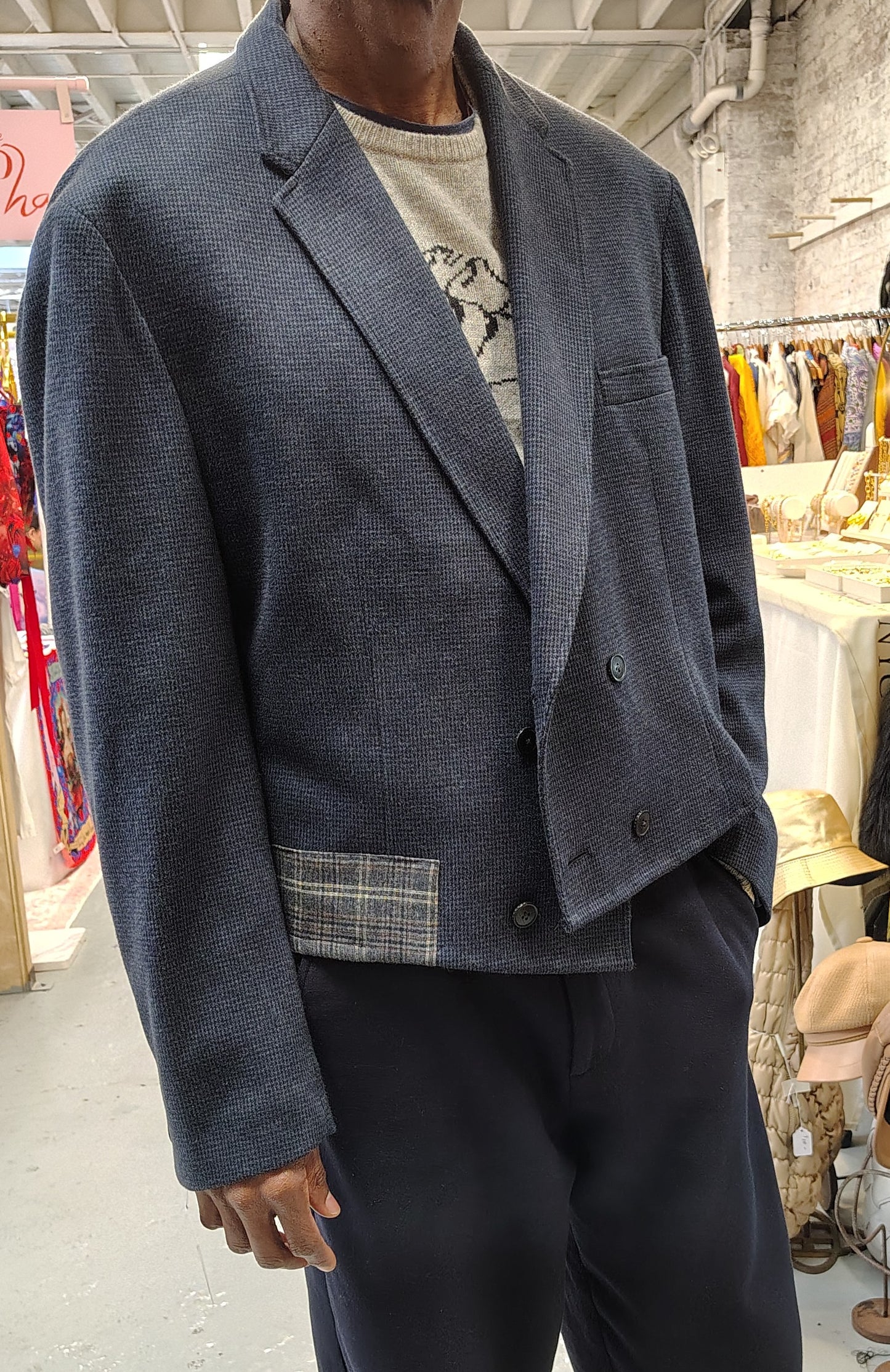 Pale navy blue cropped wool jacket with wool appliques. wool and poly fabric . jacket size 45, upcycle,repurposed, one of a kind. by Wendel Johnston