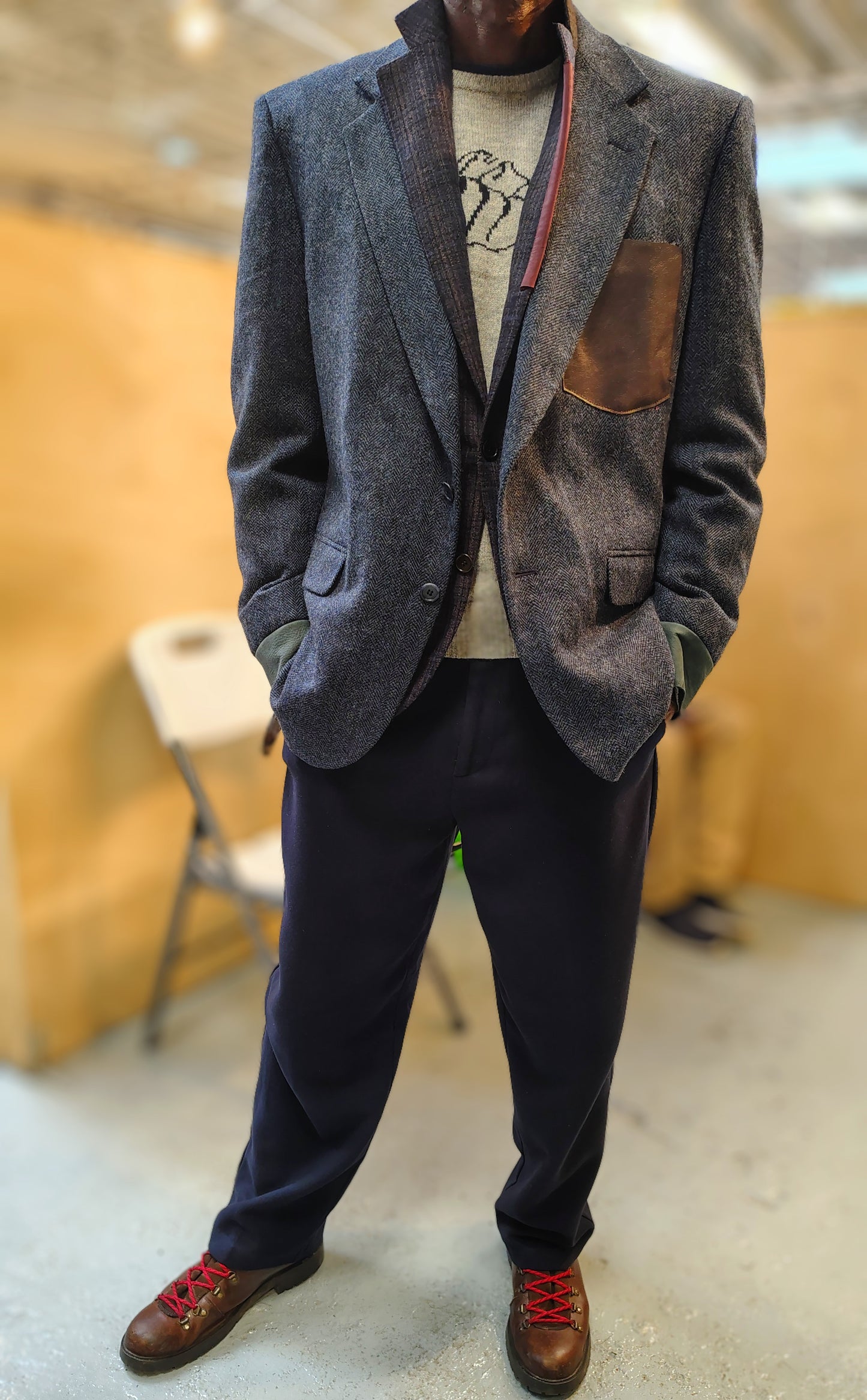 Blueish gray tweed blazer with leather cuff in wool. jacket size 43, up cycled,repurposed, one of a kind. by Wendel Johnston