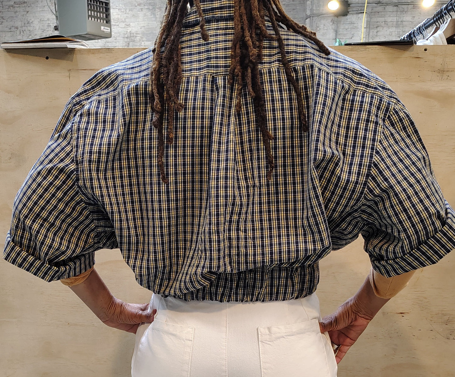 Blue / beige checks Upcycled cropped button down shirt Unisex. Cotton fabric with 2 inch elastic insert waistband.