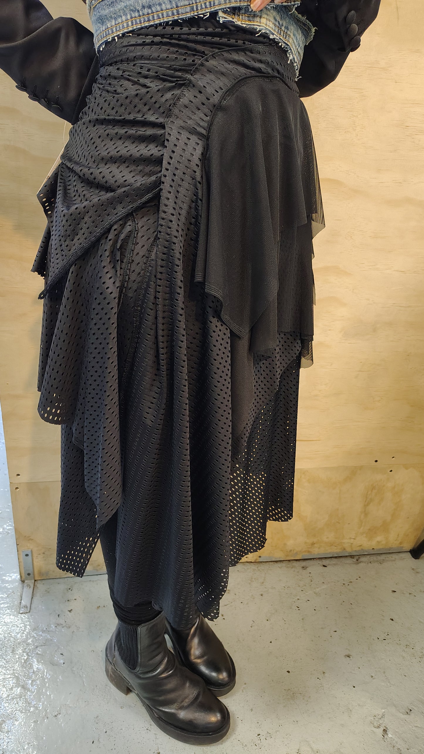 Agility size 8, $155 Black Athletic stretch fabric skirt ready for movement. Has ruching, stitch details and flowy mesh. Designed and made by Cheryl Johnston