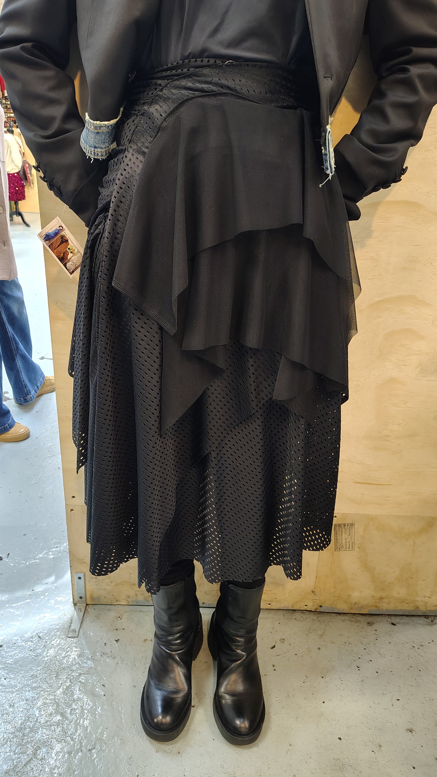 Agility size 8, $155 Black Athletic stretch fabric skirt ready for movement. Has ruching, stitch details and flowy mesh. Designed and made by Cheryl Johnston
