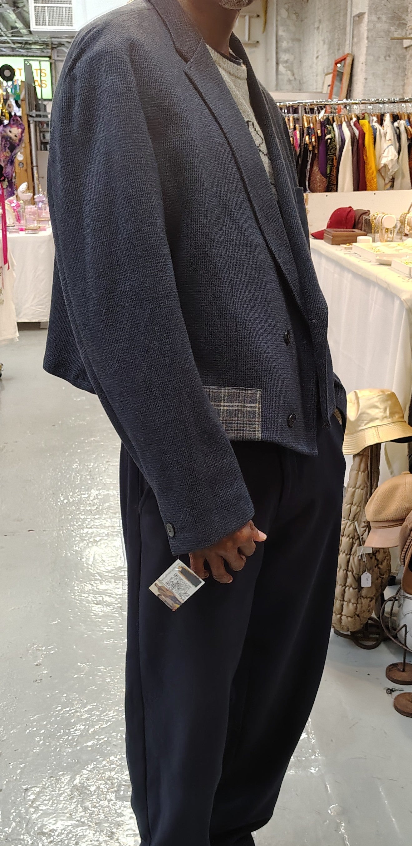 Pale navy blue cropped wool jacket with wool appliques. wool and poly fabric . jacket size 45, upcycle,repurposed, one of a kind. by Wendel Johnston