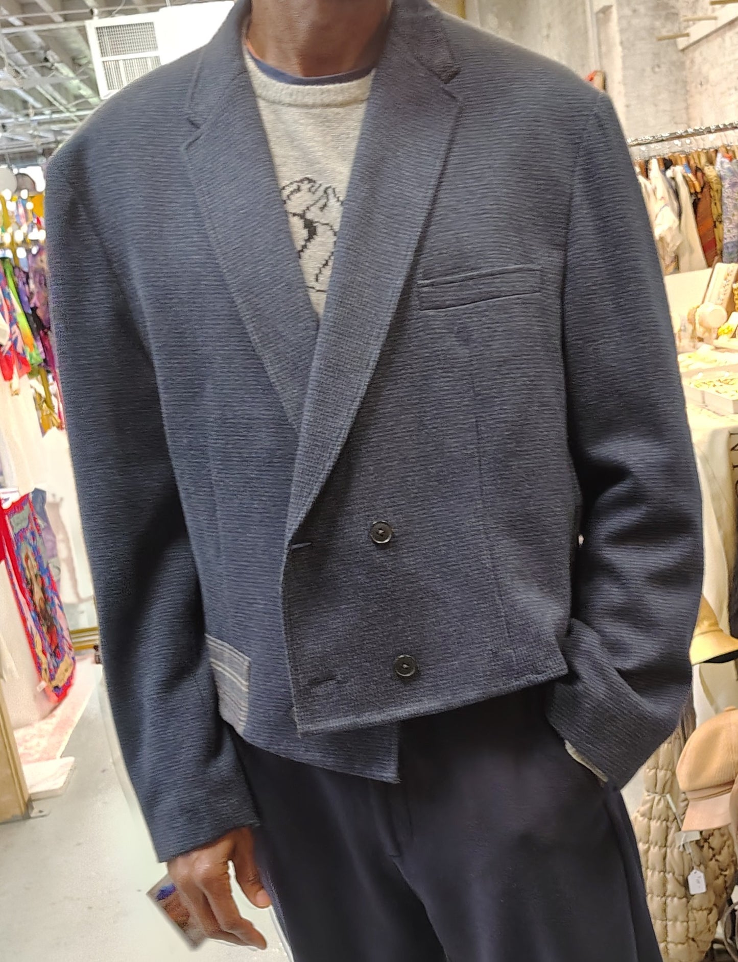 Pale navy blue cropped wool jacket with wool appliques. wool and poly fabric . jacket size 45, upcycle,repurposed, one of a kind. by Wendel Johnston