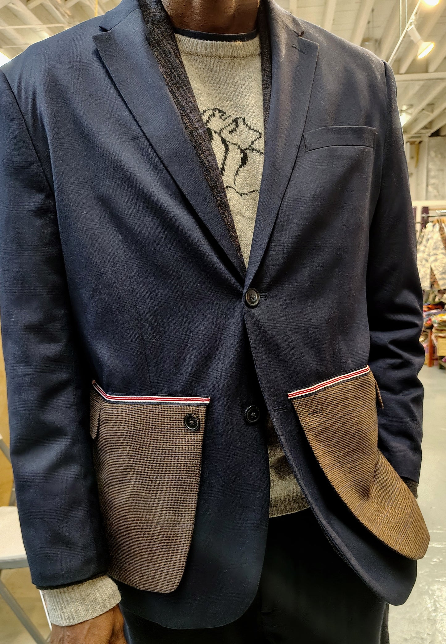 Navy blue and brown light wool blazer with trim. jacket size 44, up cycled,repurposed, one of a kind. by Wendel Johnston