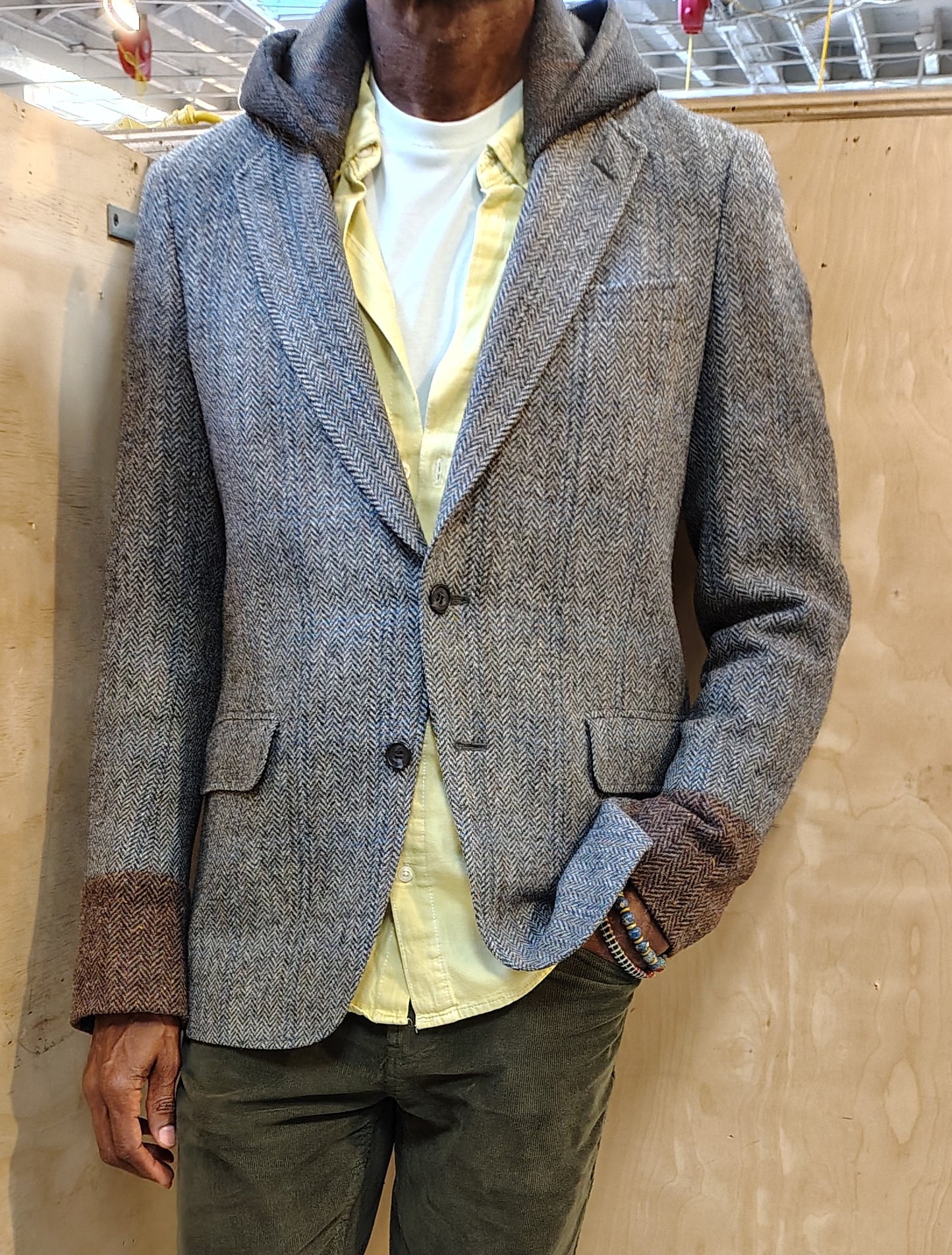 Gray wool tweed blazer with hood, Size 38 reworked jacket, wool hoodie and cuff, upcycled, repurposed, one of a kind. Designed by Wendel Johnston