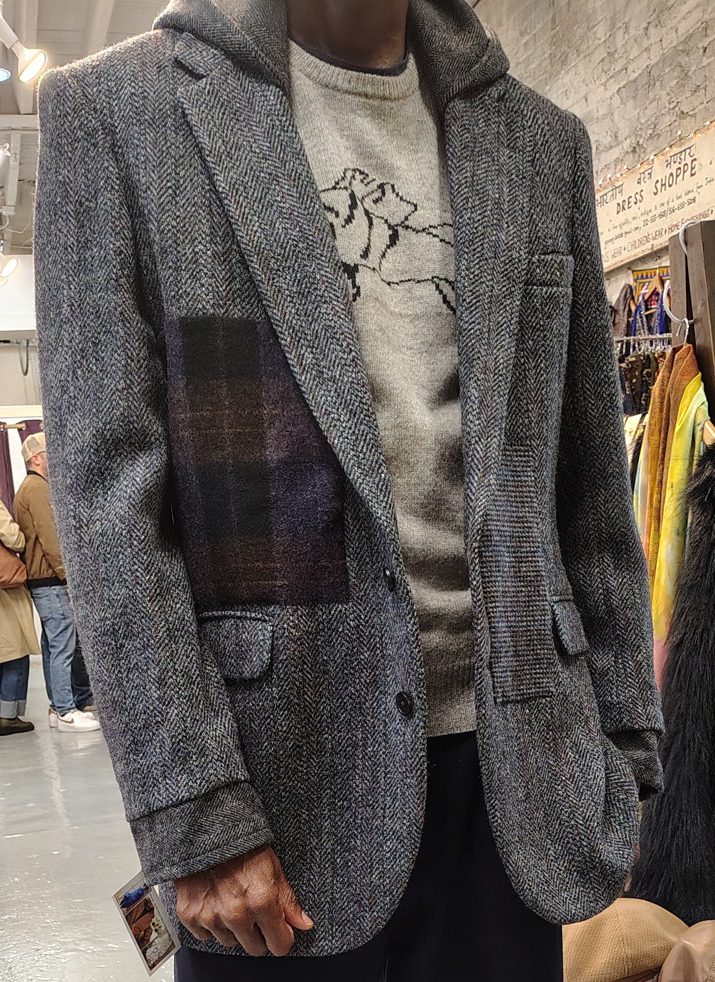 Gray hooded wool tweed jacket with plaid wool appliques. Blazer in 100% wool fabric . jacket size 44, upcycle,repurposed, one of a kind. by Wendel Johnston
