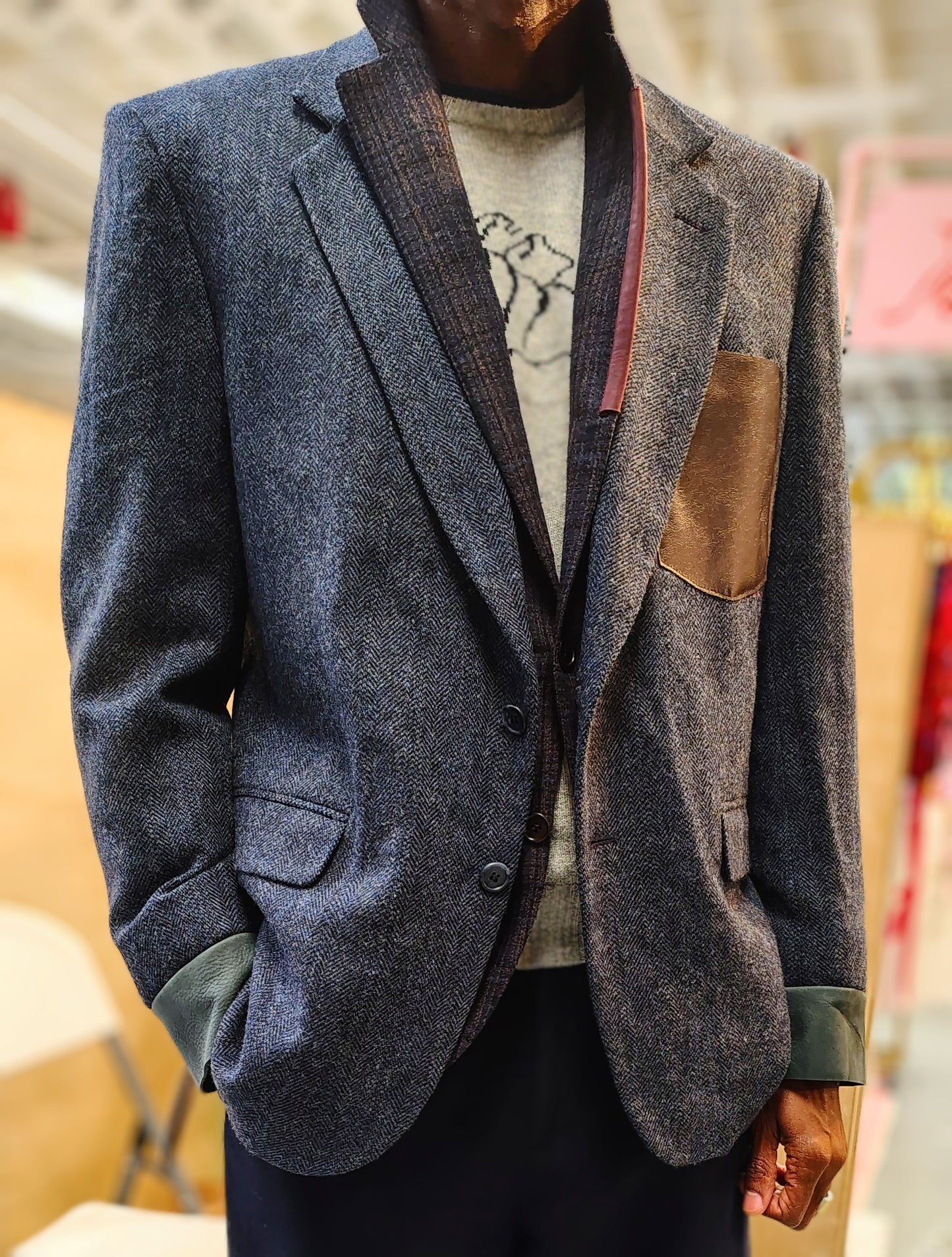 Blueish gray tweed blazer with leather cuff in wool. jacket size 43, up cycled,repurposed, one of a kind. by Wendel Johnston