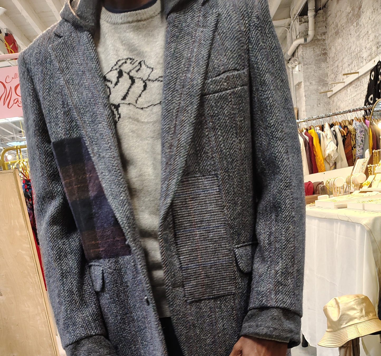 Gray hooded wool tweed jacket with plaid wool appliques. Blazer in 100% wool fabric . jacket size 44, upcycle,repurposed, one of a kind. by Wendel Johnston