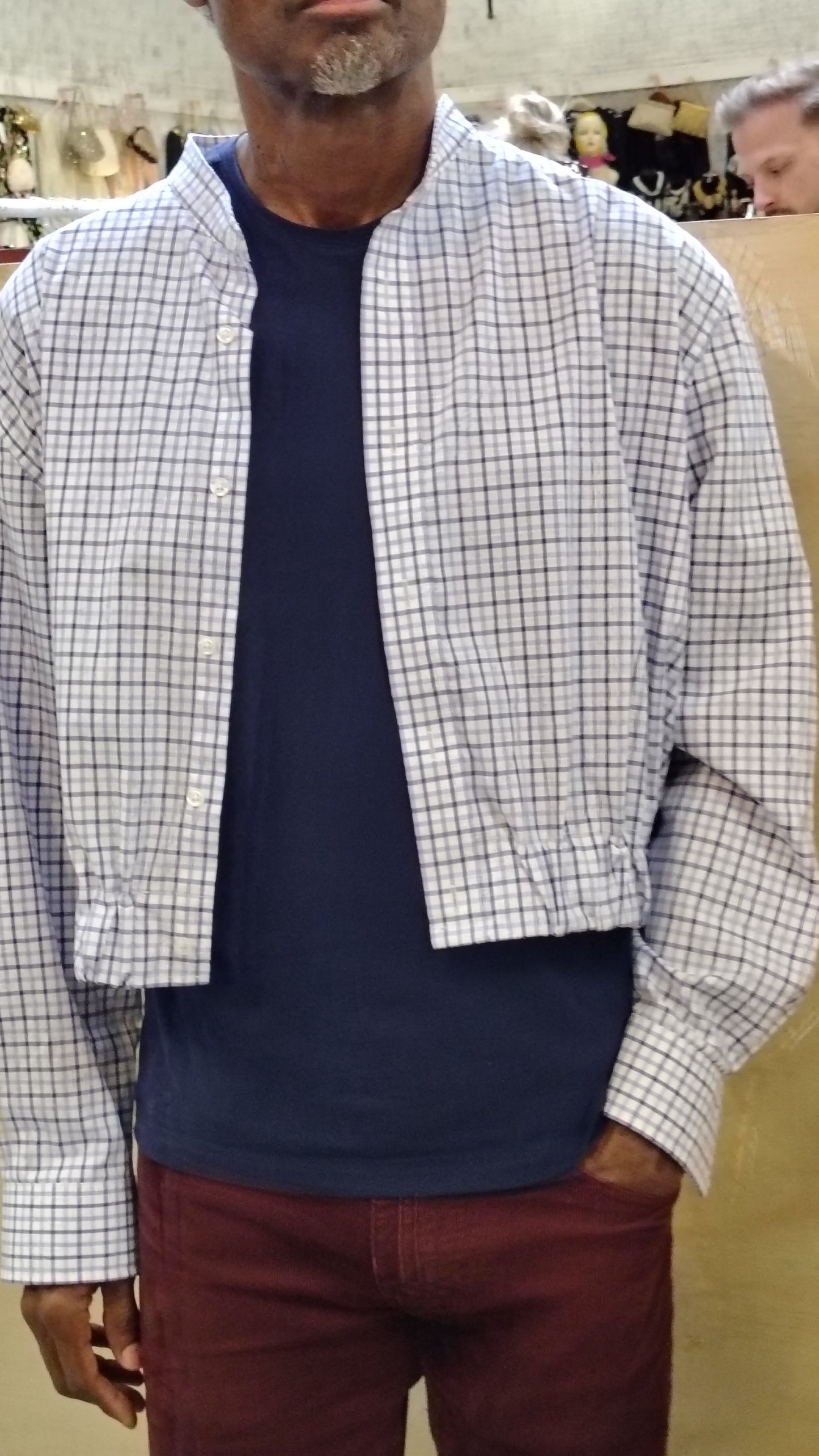 Checks #1 - Upcycled cropped button down shirt Unisex. Cotton fabric with 2 inch elastic insert waistband.
