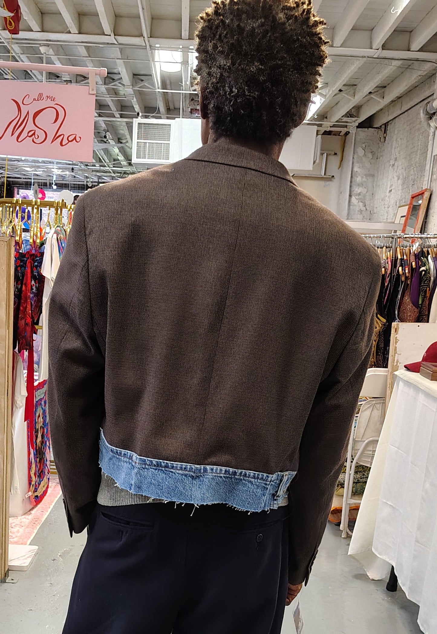 Brown wool cropped jacket with denim waist band. Unisex blazer in 100% cotton fabric . jacket size large, upcycle,repurposed, one of a kind. by Wendel Johnston