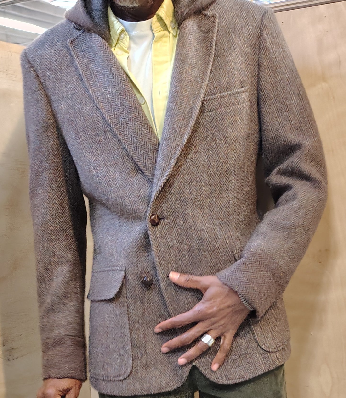 Medium brown hooded wool tweed blazer, Size 42 reworked jacket, wool hoodie with leather buttons, upcycled, repurposed, one of a kind. Designed by Wendel Johnston