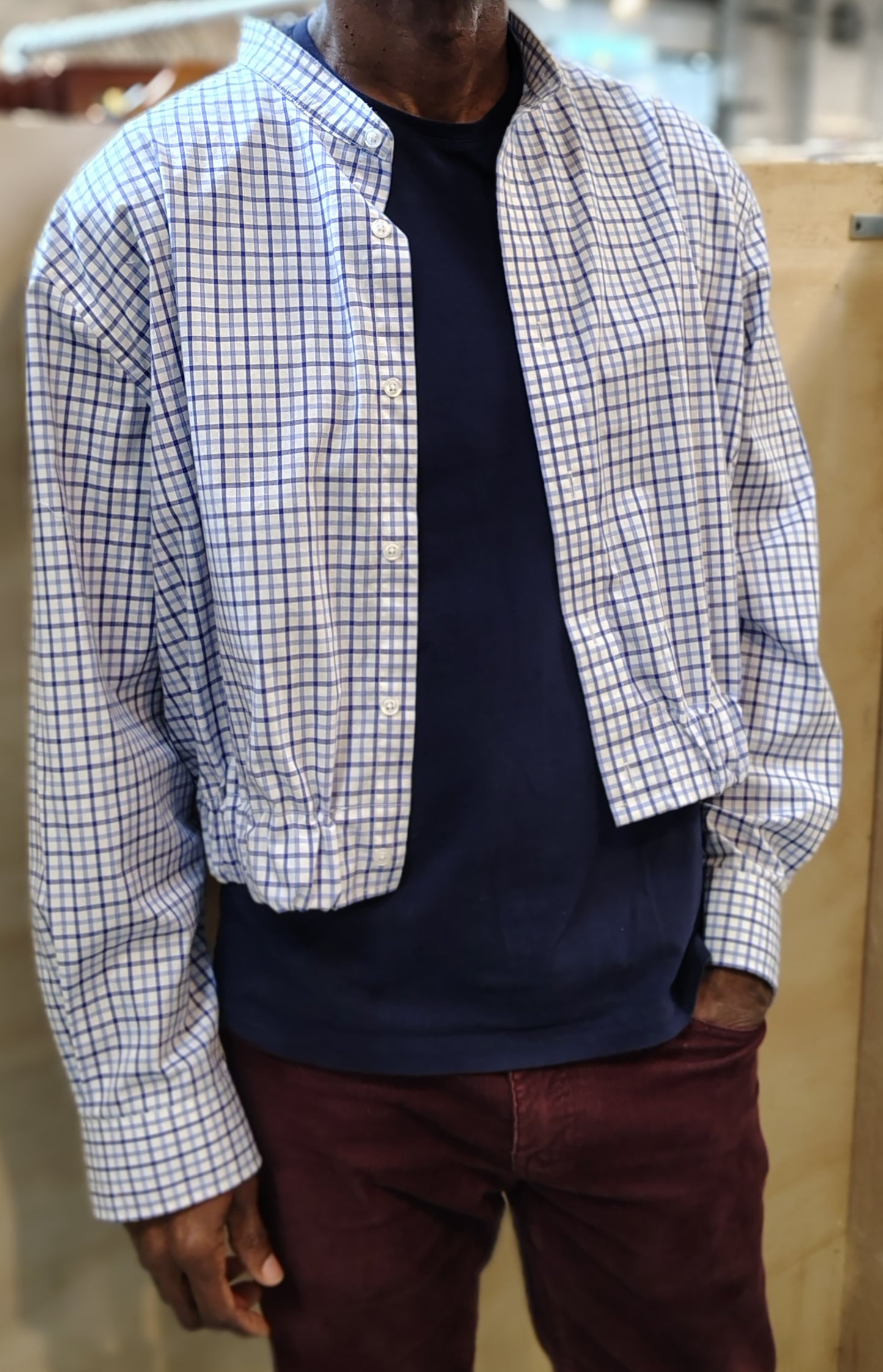 Checks #1 - Upcycled cropped button down shirt Unisex. Cotton fabric with 2 inch elastic insert waistband.
