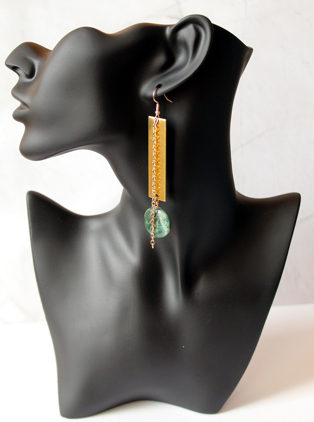 Green Flat stone with brass strip and chain earrings