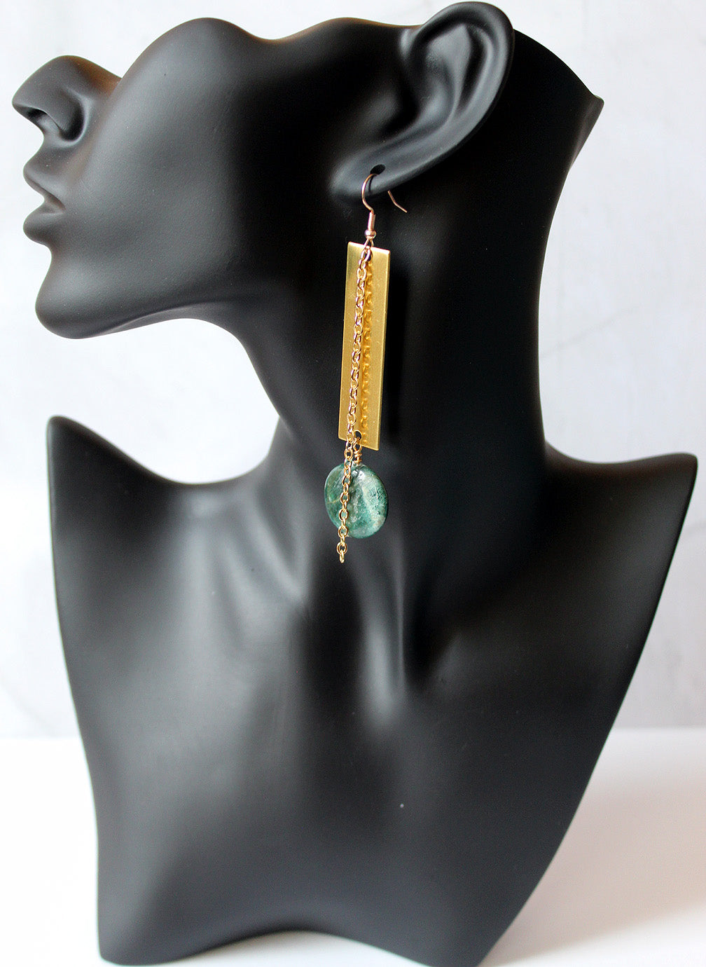 Green Flat stone with brass strip and chain earrings