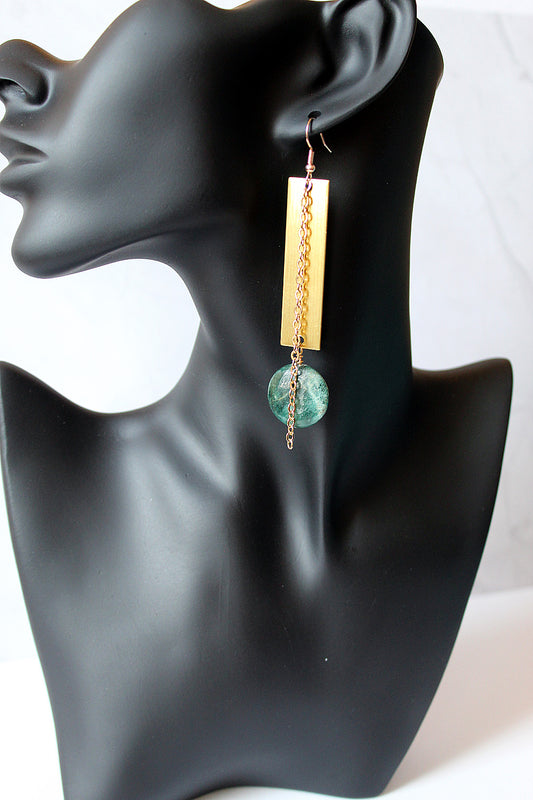 Green Flat stone with brass strip and chain earrings