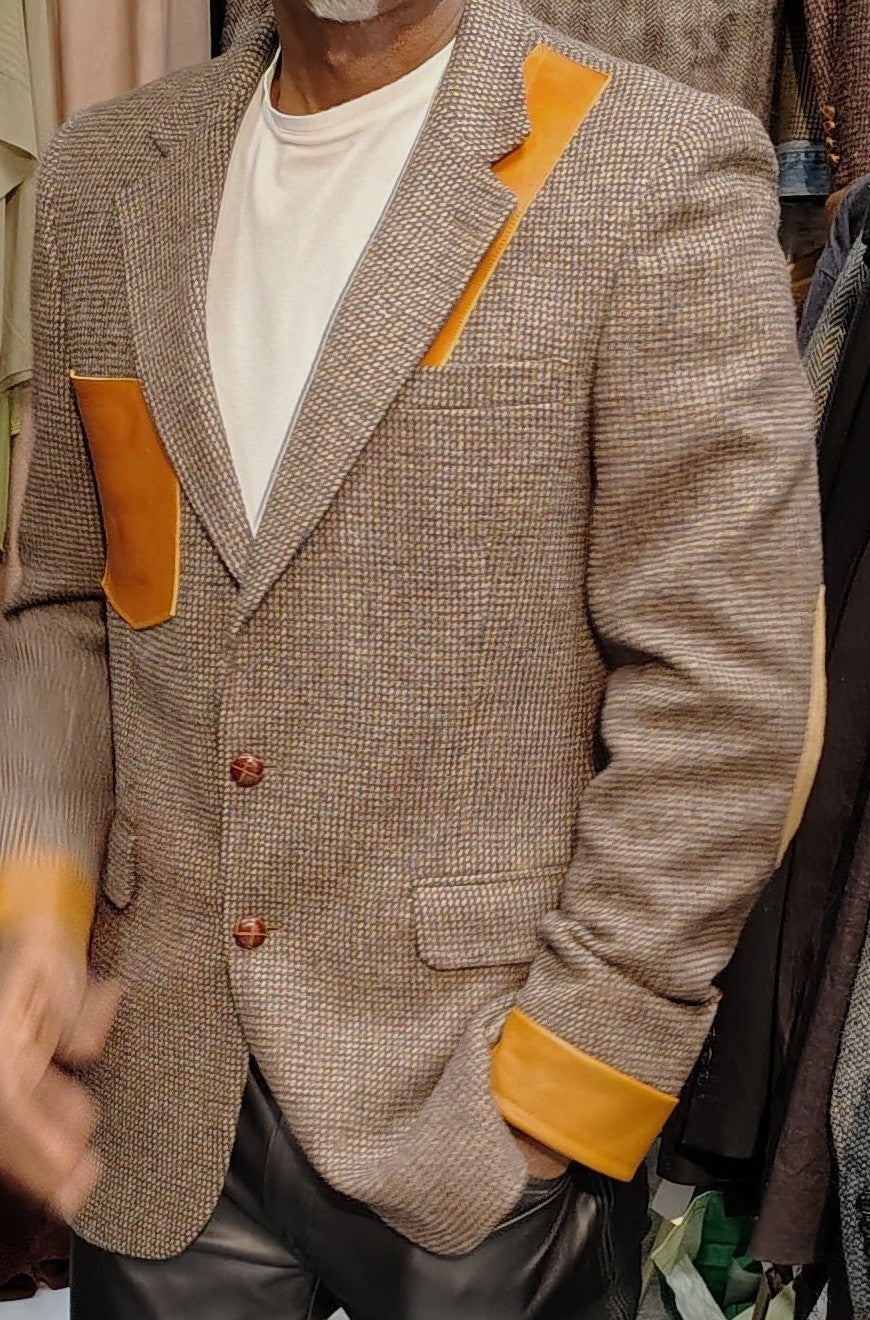 Beige tweed blazer, wool jacket, tweed jacket, Mens, Tweed, leather cuffs, leather patch pocket, repurposed, one of a kind. Designed by Wendel Johnston