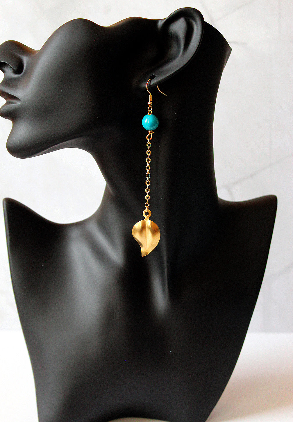 Turquoise Bead and Brass Leaf earrings