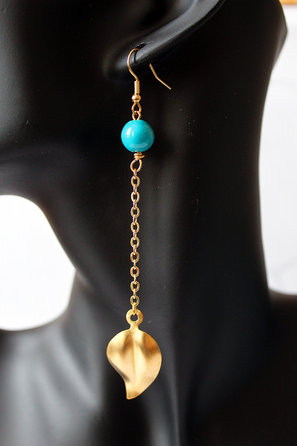 Turquoise Bead and Brass Leaf earrings