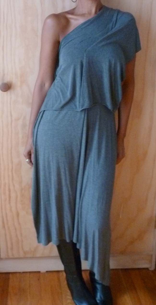 Hey there"Gray cotton lycra one shoulder dress with asymetrical drape back/chic comfortable fit
