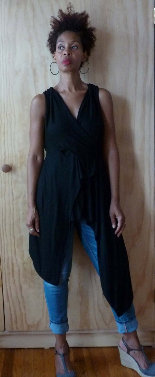 Black rayon lycra top drape top, hangs longer in the back with raw edge, waist fits for the curvy look, gothic drape top/drape blouse