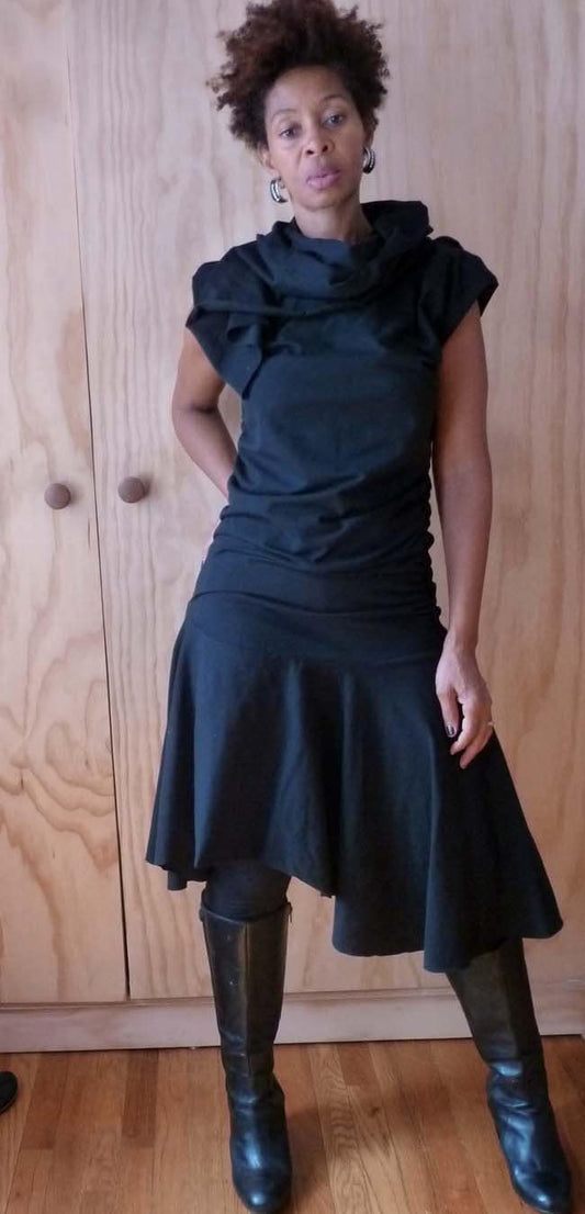 Black cotton spandex dress with flounce and high neck collar